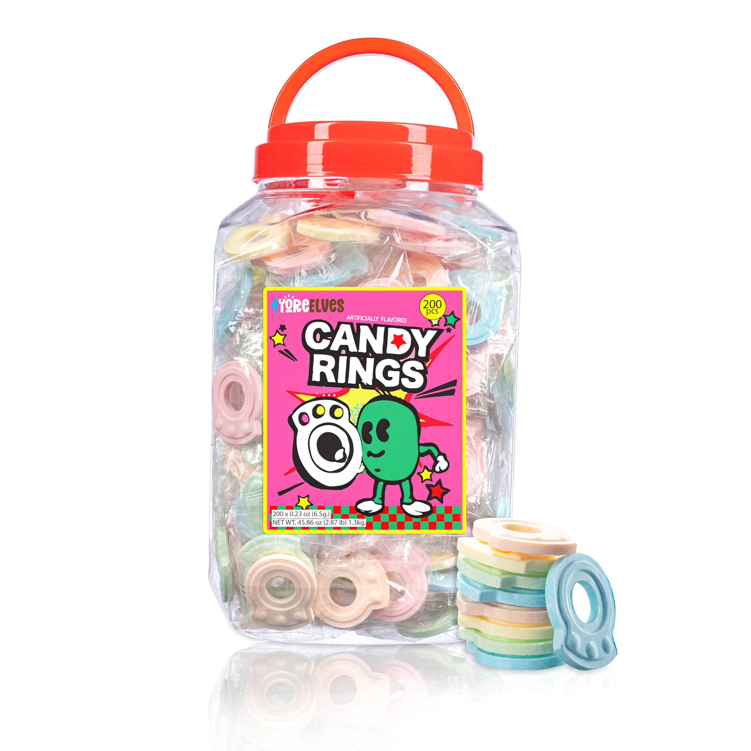 4YoreElves 200 Individually Wrapped Candy Rings, Bulk Candy Ring Tub, Ring Candy In Red, Blue, Green, Yellow, Orange, and White, Fun Kids Candy, Party Favor Candy, Retro Candy Bulk