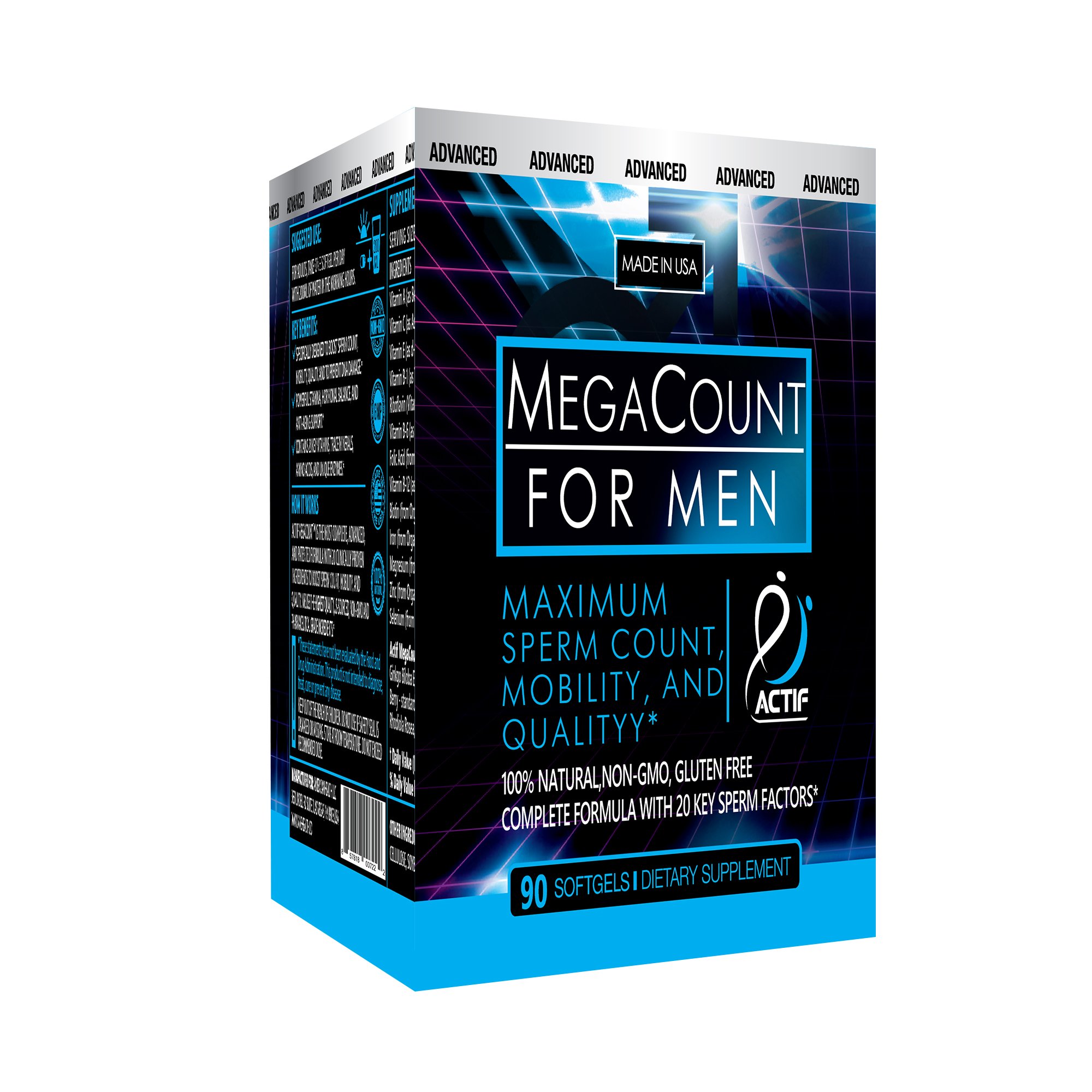 ACTIF MegaCount for Men - Maximum Fertility Support and Sperm Count Booster, Clinically Proven to Improve Sperm Count and Motility - Non-GMO, Made in USA, 90 Count