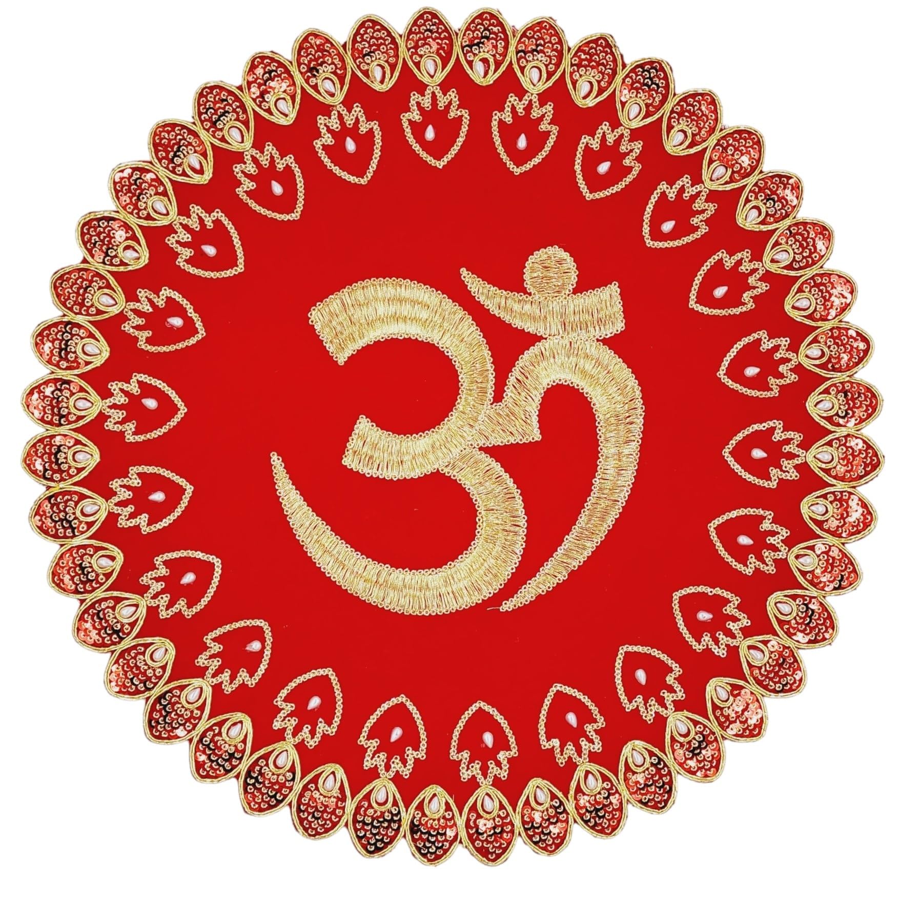 ARTISKRITI Aasan for God Idol, Red Velvet Golden Om Aasan for Pooja and God Idol Red Puja Cloth for Mandir, Temple, 38 cm