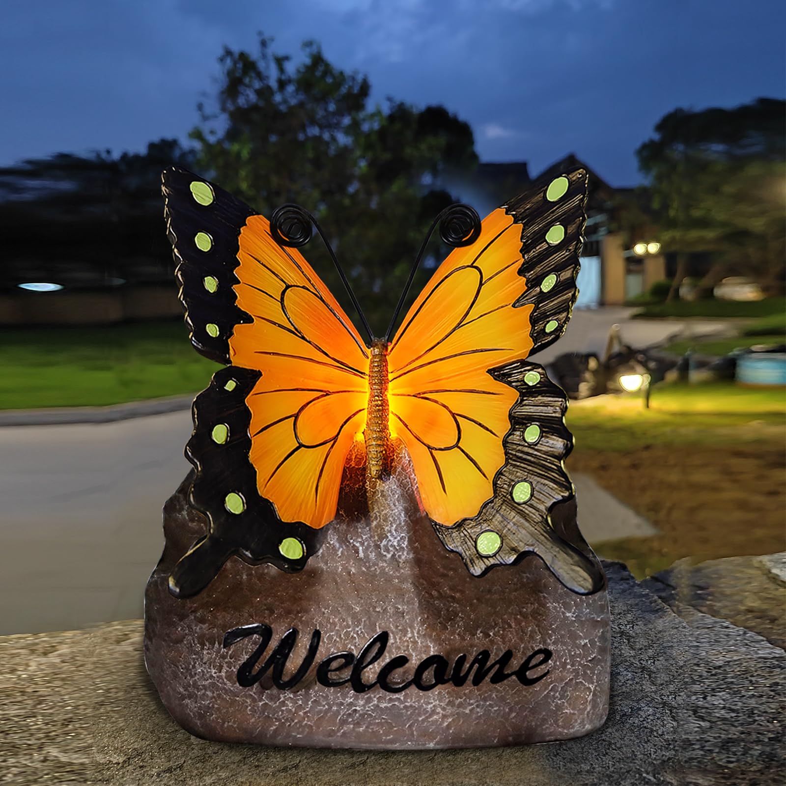 Garden Statue Outdoor, Butterfly Figurine with Solar Powered LED Light, Waterproof Lawn Ornaments Statuary Decoration, Welcome Animal Outdoor Decor Light for Patio Balcony Yard (Butterfly)