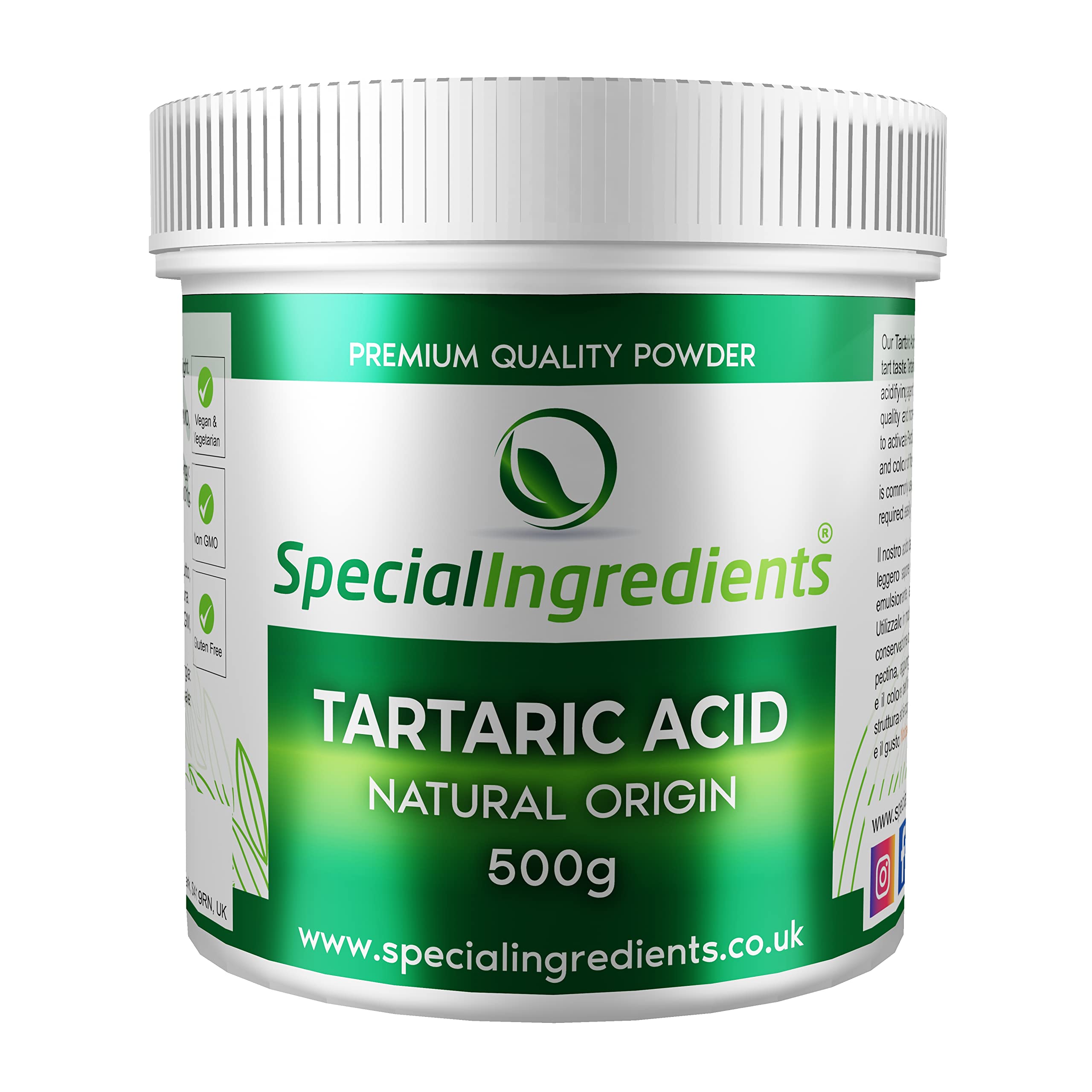 Special Ingredients Tartaric Acid Powder 500g Premium Quality - Vegan, Non-GMO, Gluten Free - Recyclable Container