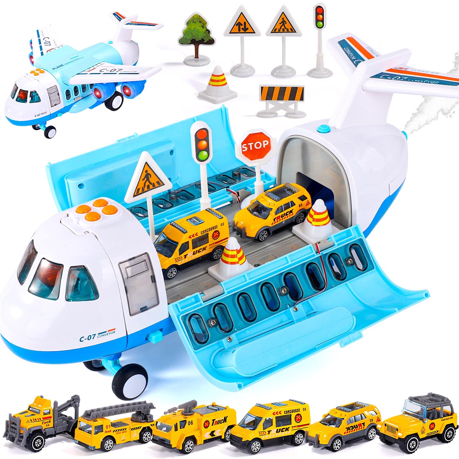 iHaHa Spray Airplane Toys for Boys Girls, Large Transport Cargo Airplane with 6 Construction Vehicle 10 Road Signs 1 Play Mat, Plane Toy with Lights Sounds for Boys Age 3 4 5 6