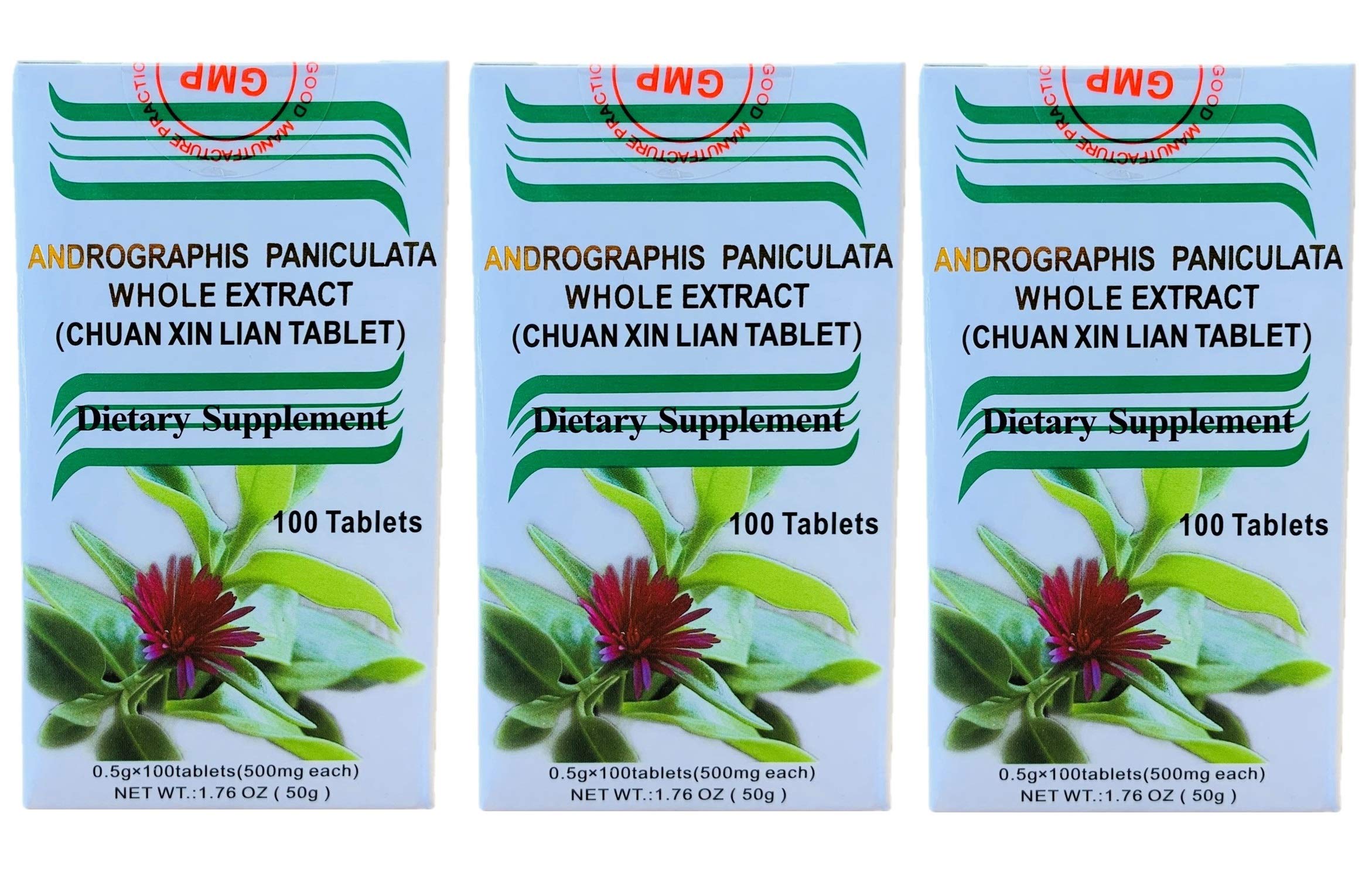 Chuan Xin Lian, Andrographis Whole Extract, Extra Strength 500MG (100 Tablets) - 3 Bottles