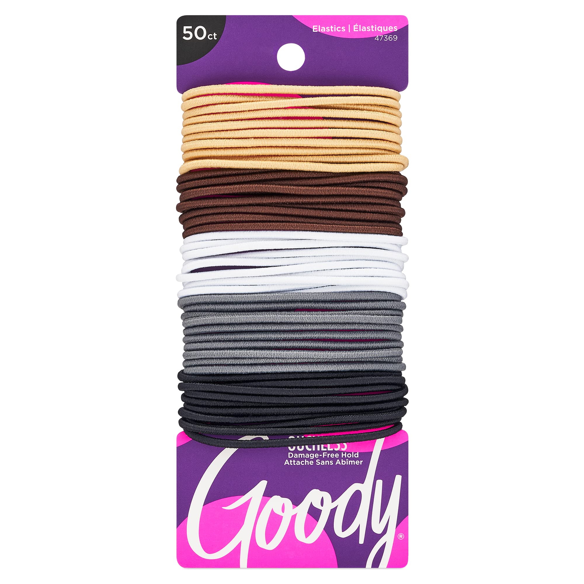 Goody Ouchless Elastic Hair Ties - 50 Ct, Assorted Neutrals, 2MM Rubber Bands for Hair, Pain-Free Hair Accessories for Women & Men, Made for Long-Lasting Braids, Ponytails & More, For Fine Hair