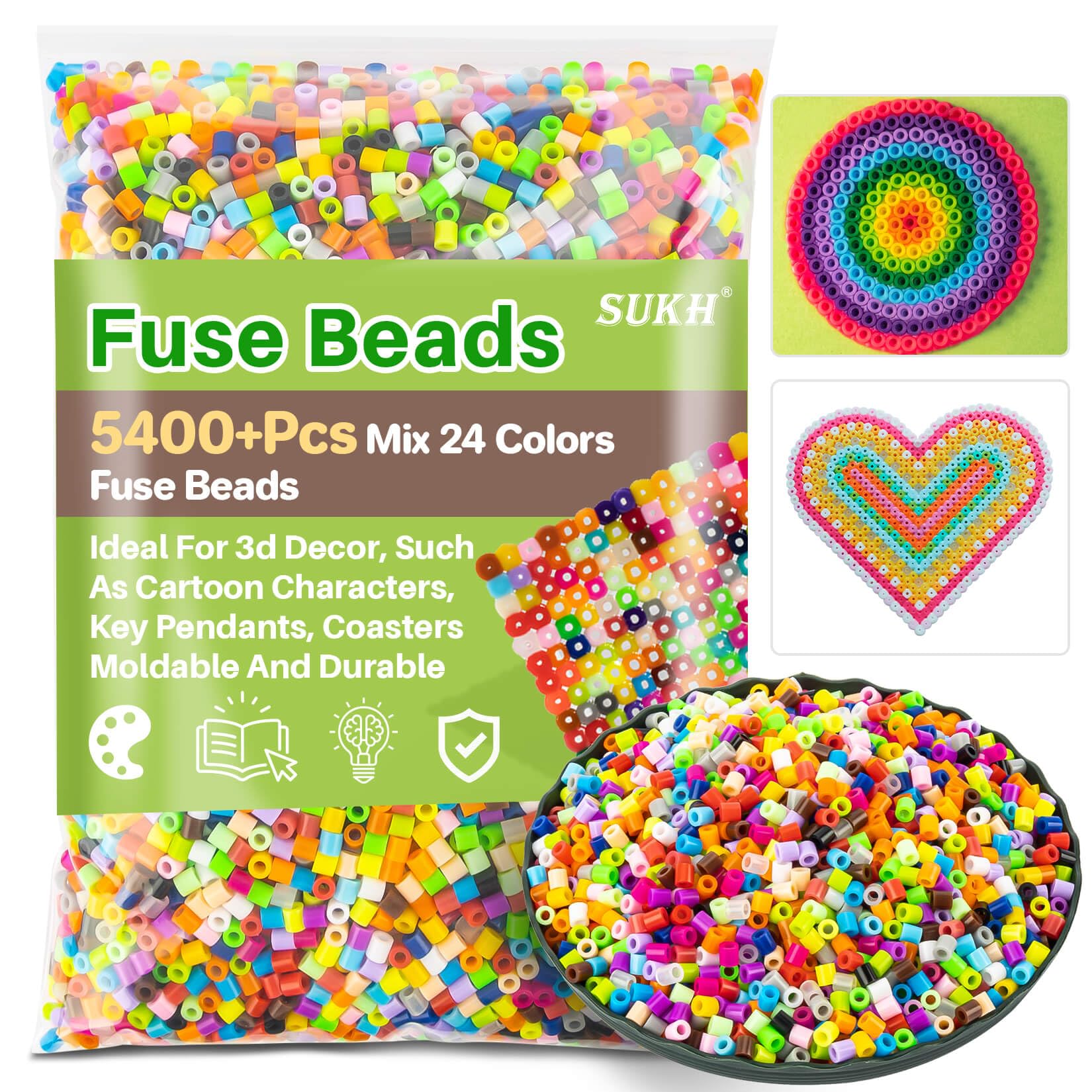 Sukh 5400+Pcs Fuse Beads - Fuse Beads Kit Melty Beads Kit Melting Beads Fuse Beads Bulk Iron Beads for Kids Crafts, Ideal for Boys and Girls Christmas Birthday Gifts Mix 24 Colors 5mm