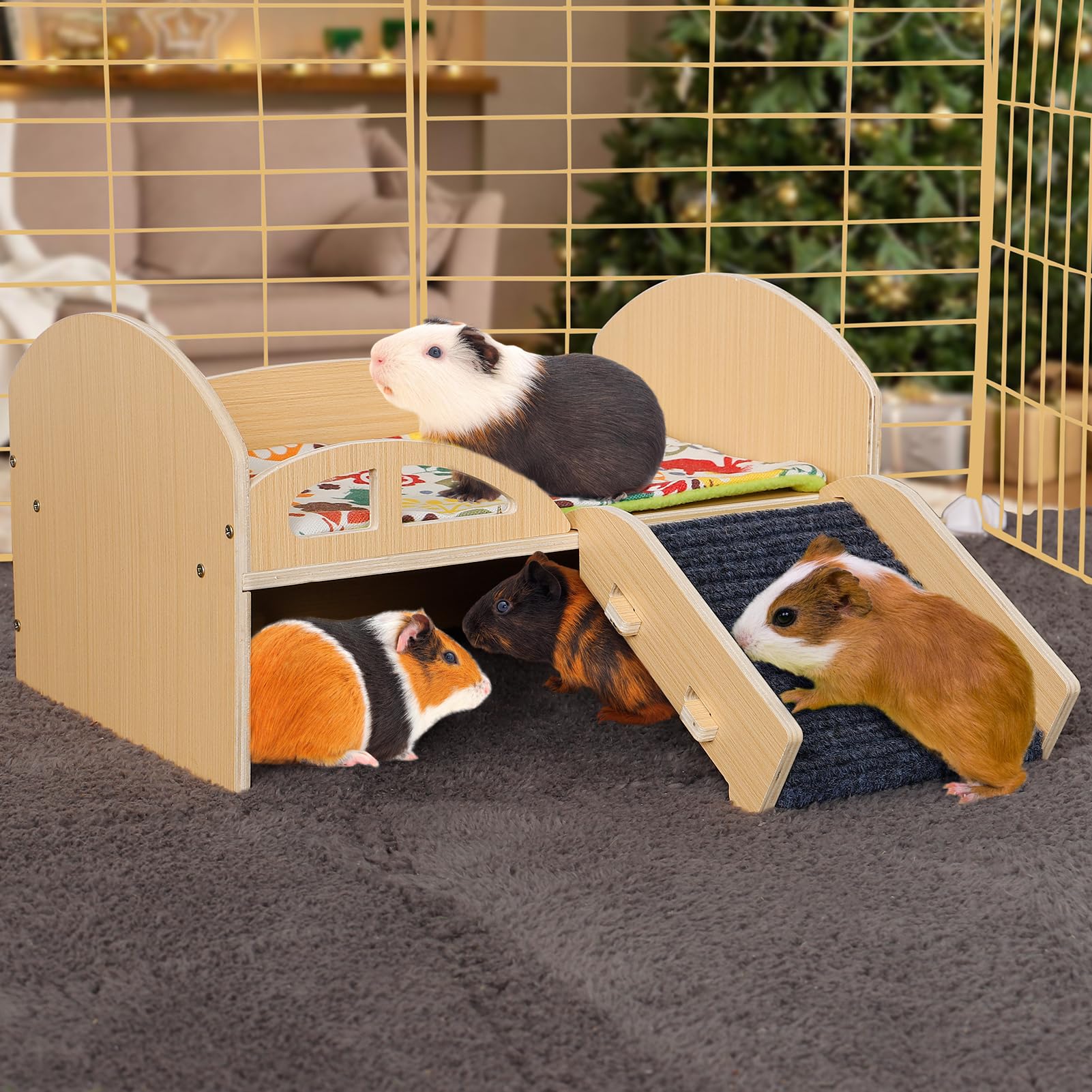 MEWTOGO Wooden Guinea Pig Bed Hideout, Sturdy Small Animal Bed Platform with Stable Stairs & Mat, Rabbit Bed Hut Habitats for Bunny Chinchilla Hamsters Hiding Sleeping