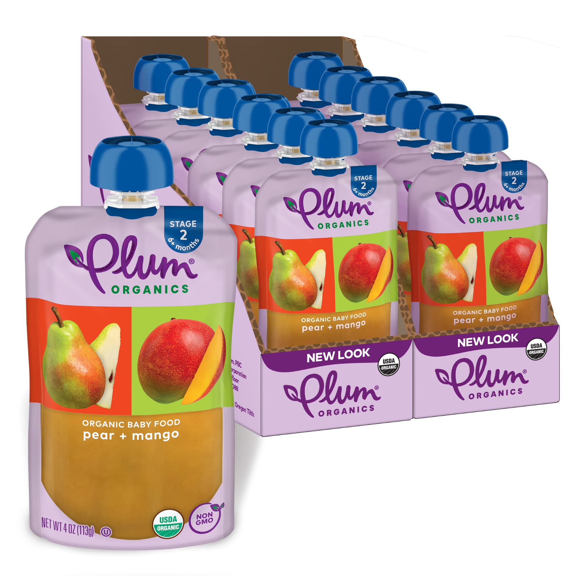 Plum Organics Stage 2 Organic Baby Food - Pear and Mango - 4 oz Pouch (Pack of 12) - Organic Fruit and Vegetable Baby Food Pouch