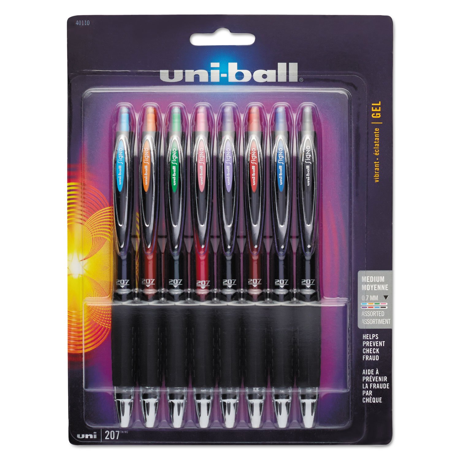 Uni-Ball40110 Signo Gel 207 Roller Ball Retractable Gel Pen Assorted Ink Medium 8/Set