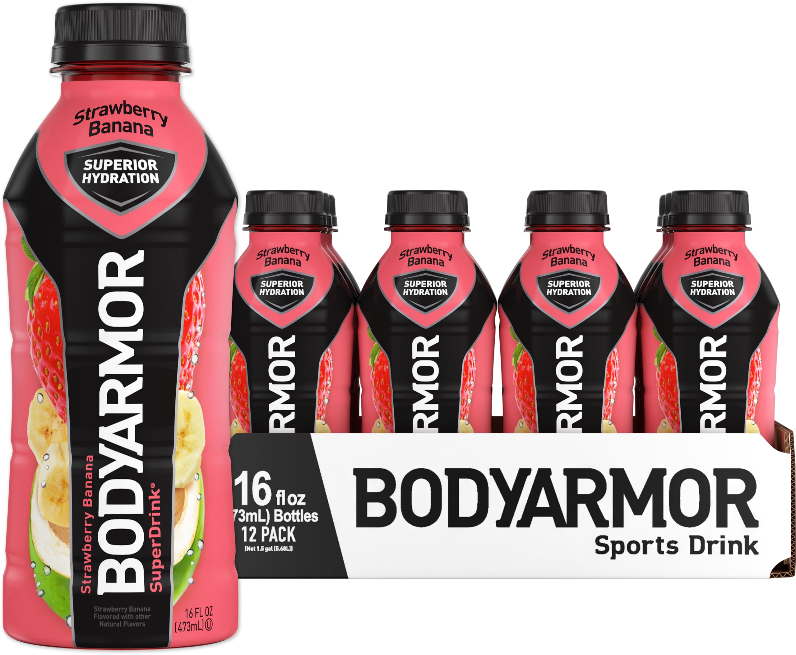 BODYARMOR Sports Drink Sports Beverage, Strawberry Banana, Natural Flavors With Vitamins, Potassium-Packed Electrolytes, No Preservatives, Perfect For Athletes, 16 Fl Oz (Pack of 12)