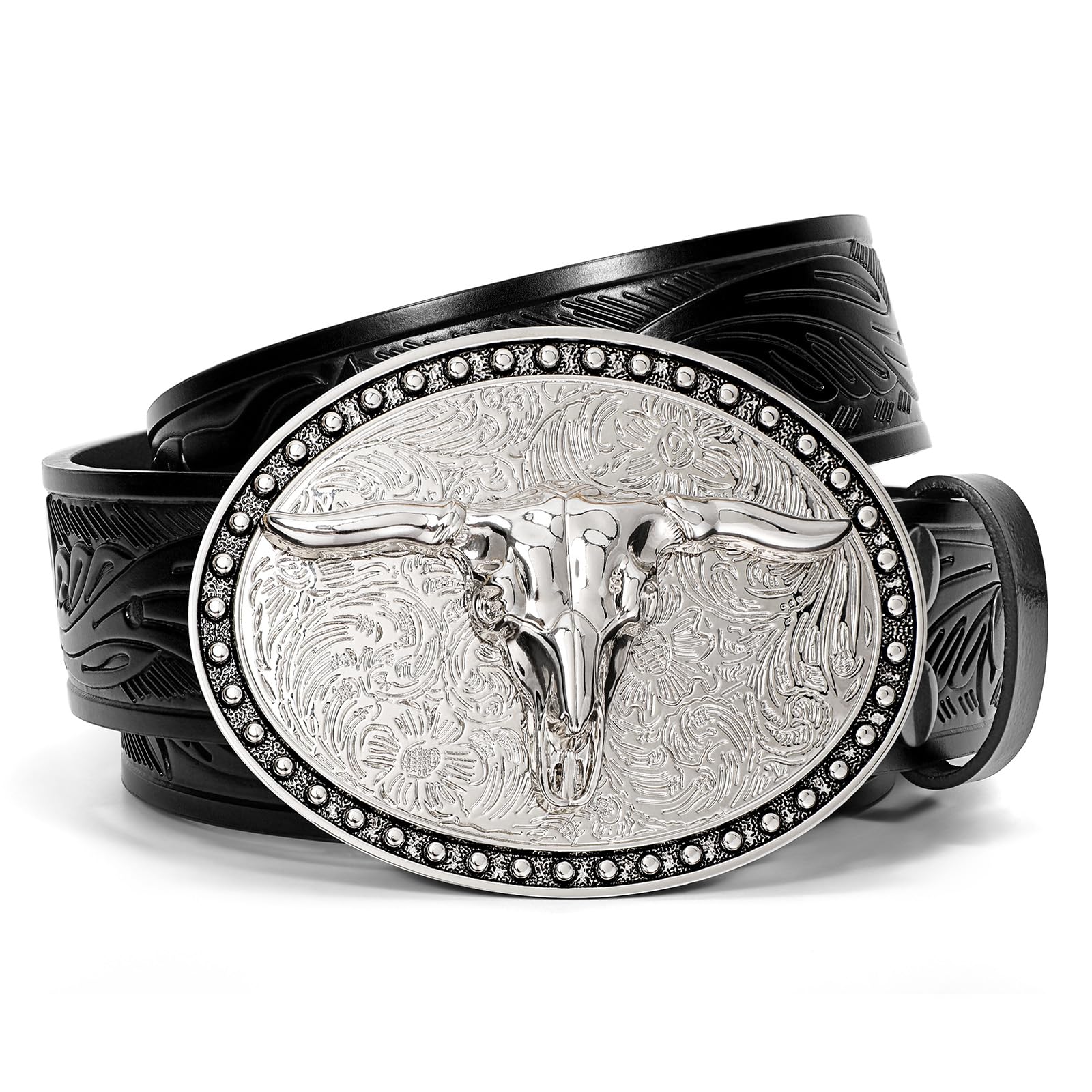 SANSTHS Western Belt Cowboy Belts for Men Women, Western Leather Belts Bull Buckle Belt Embossed Leather Belt for Jeans