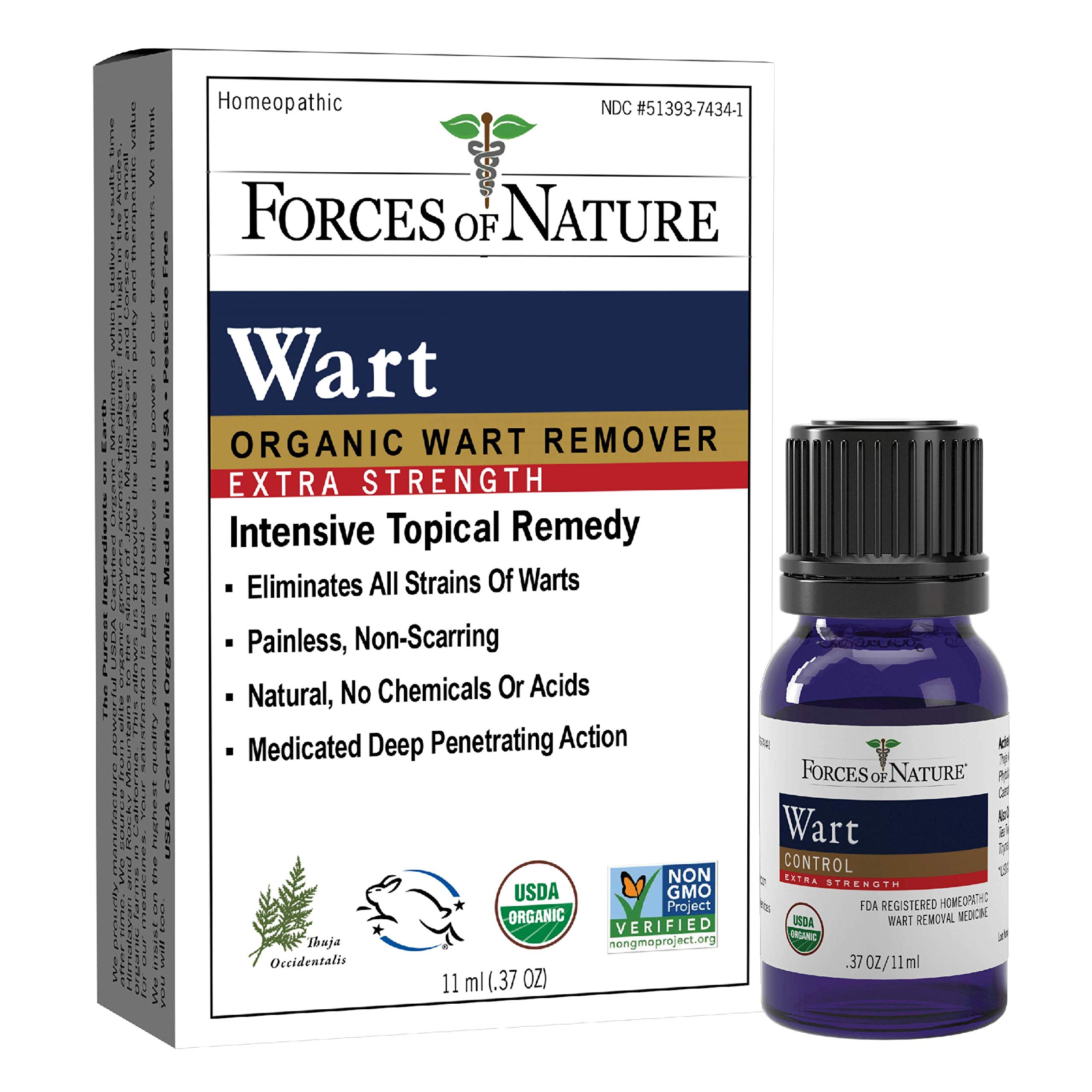 Forces of Nature Wart Remover Extra Strength, 0.37 Fl Oz, Organic Homeopathic Medicine & Essential Oils for Wart Removal on Face, Body, Hands & Fingers, Plantar Wart Remover for Feet