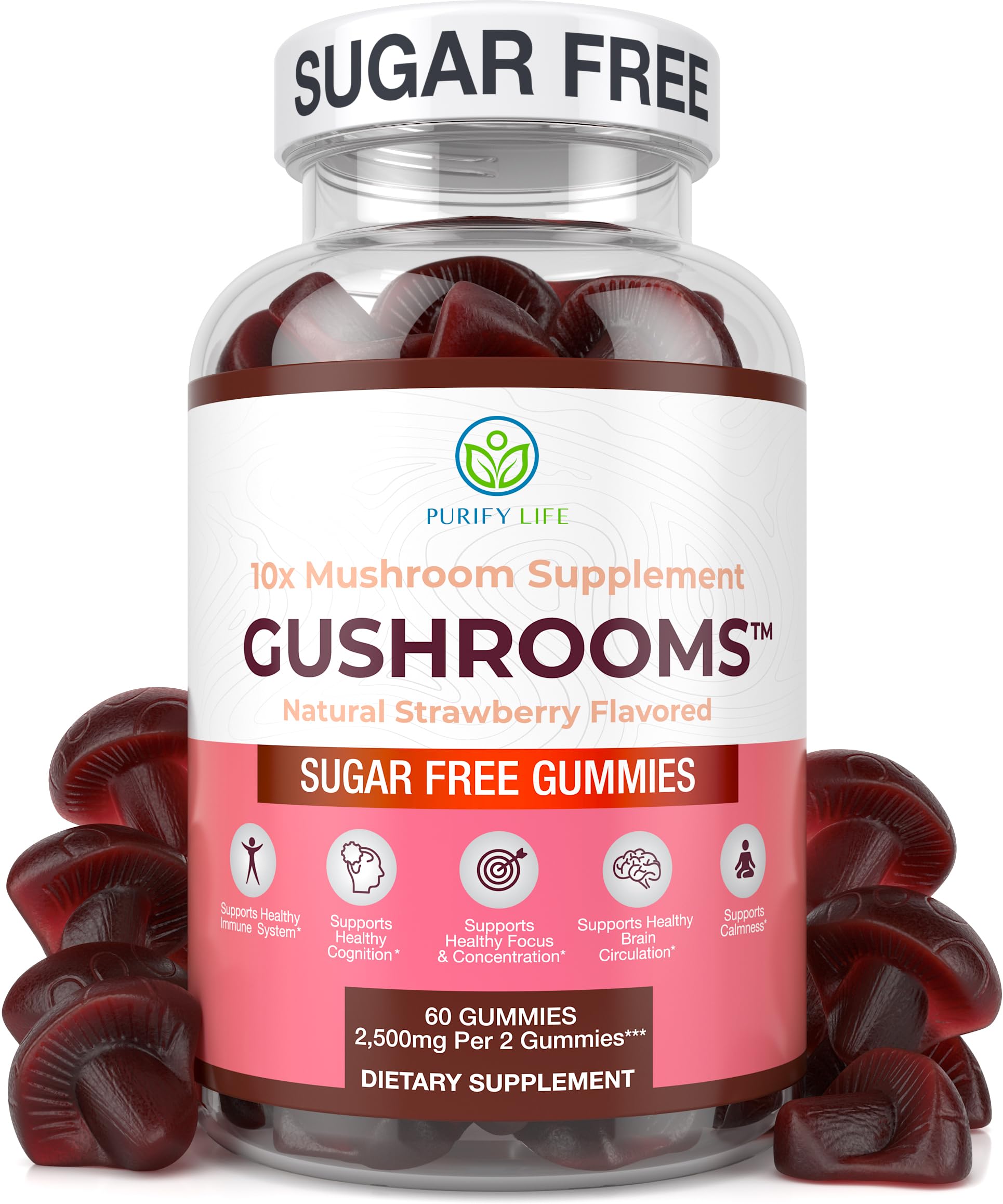 Sugar-Free Mushroom Complex Gummies - Potent 10x Mushroom Supplement with Lions Mane, Chaga, Reishi, Cordyceps (2500mg) Natural Stress Support Calm Gummies, Nootropic Focus Gummies, No Sugar or Pills