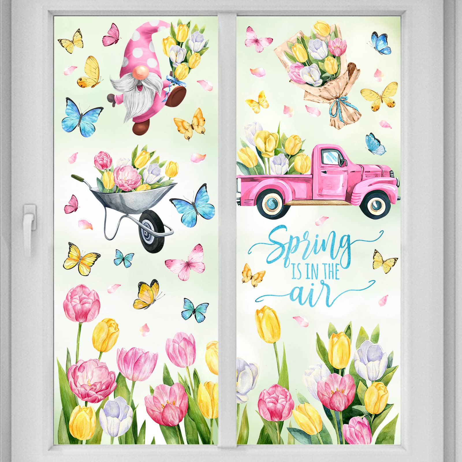 Mfault9 Sheets Spring is in The Air Tulip Flowers Window Clings, Floral Gnome Truck Cart Wall Glass Stickers Decal Decorations, Bouquet Butterfly Living Room Home Kitchen Decor