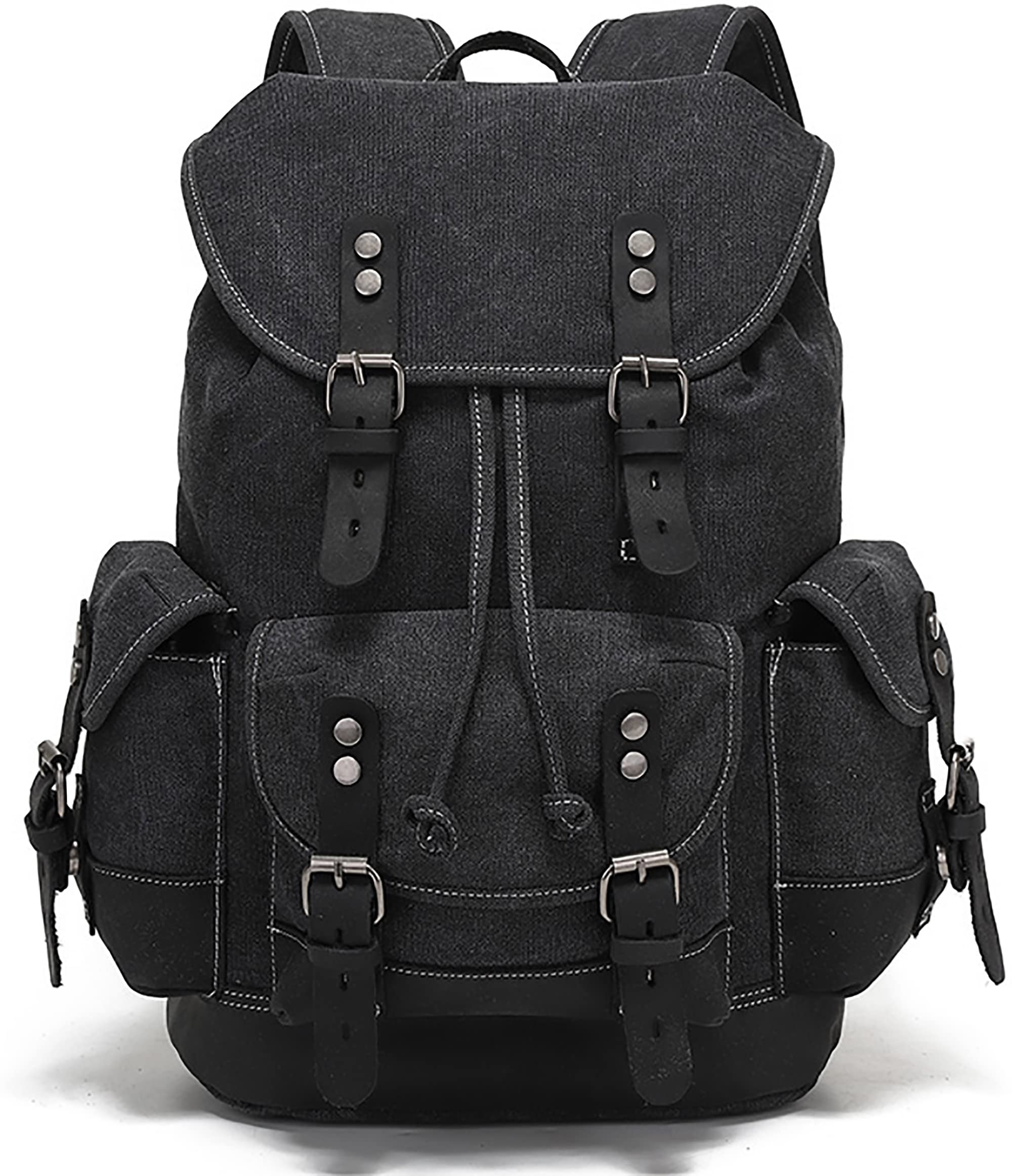 HuaChen Vintage Canvas & Leather Backpack: Spacious Durable Rucksack for Men & Women, Perfect for Travel, Hiking, and College Life (M86_Black)