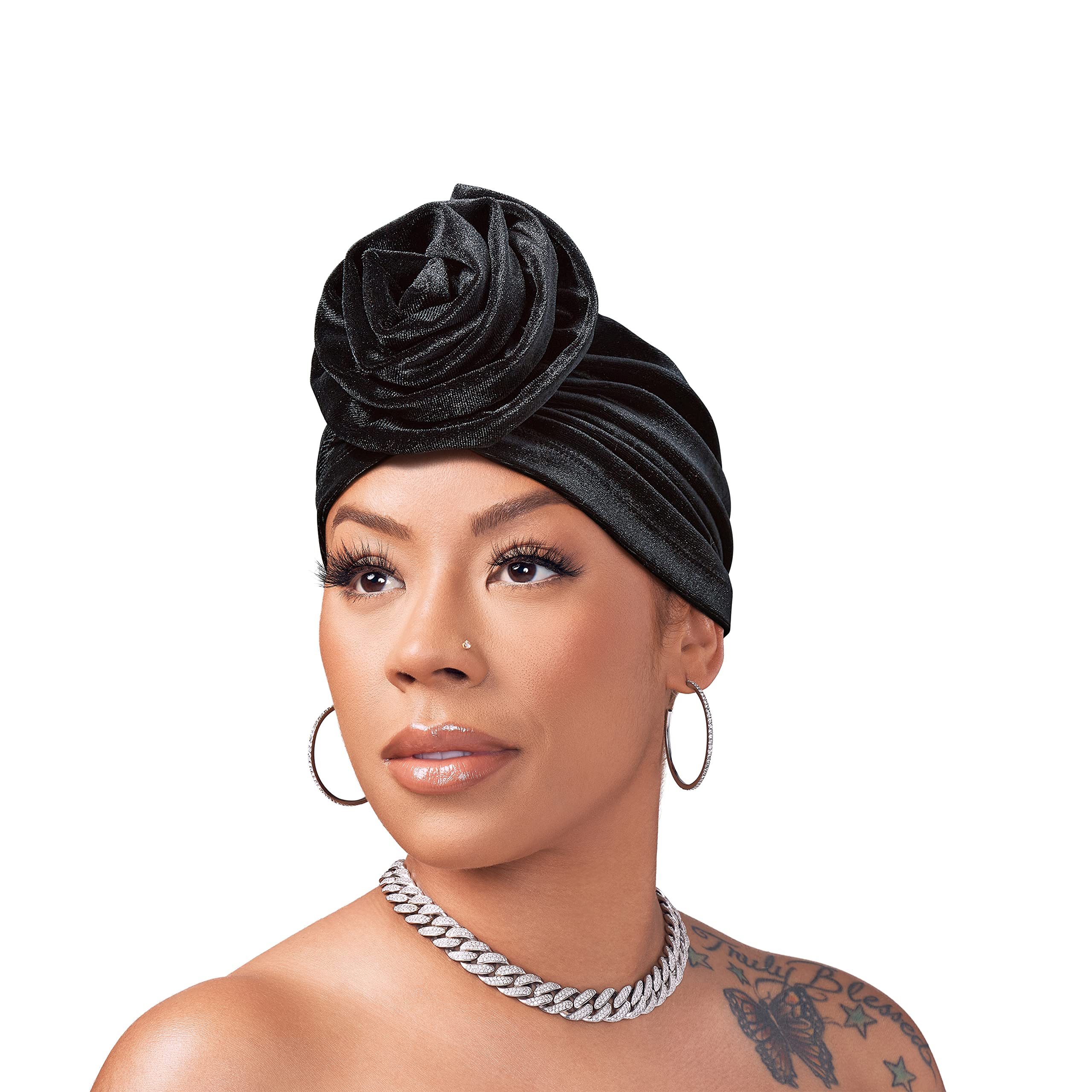 Red by KissX Keyshia Cole Top Knot Turban Ritzy Velvet Turban Head Wrap, Pre-Tied Bonnet Beanie Cap (Black)