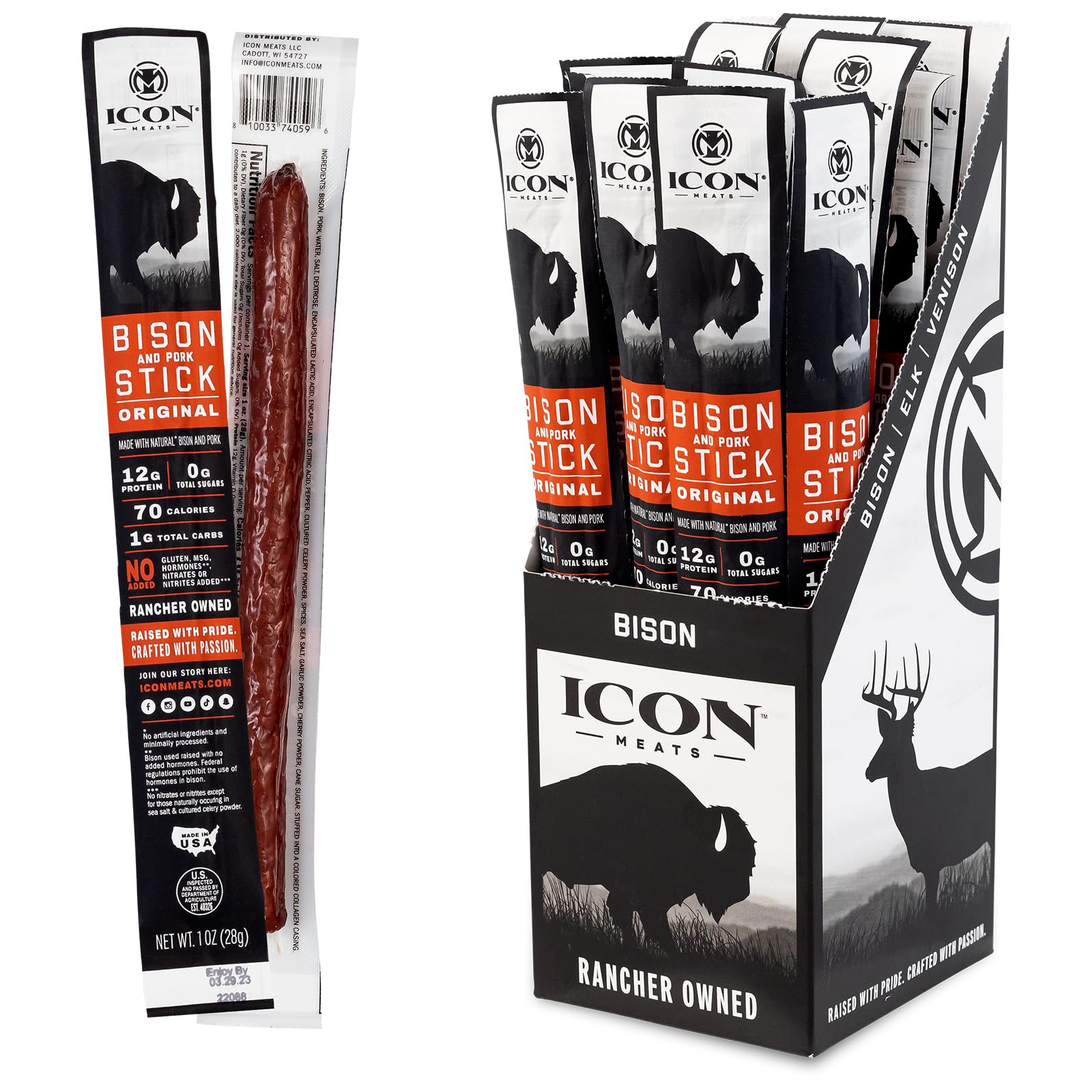 ICON Meats Bison and Pork Snack Sticks - Original Flavor - 24 Pack of Individually Wrapped Jerky Meat Sticks, USDA Approved, All Natural, Diet Friendly, High Protein, Low Calorie, Sugar Free