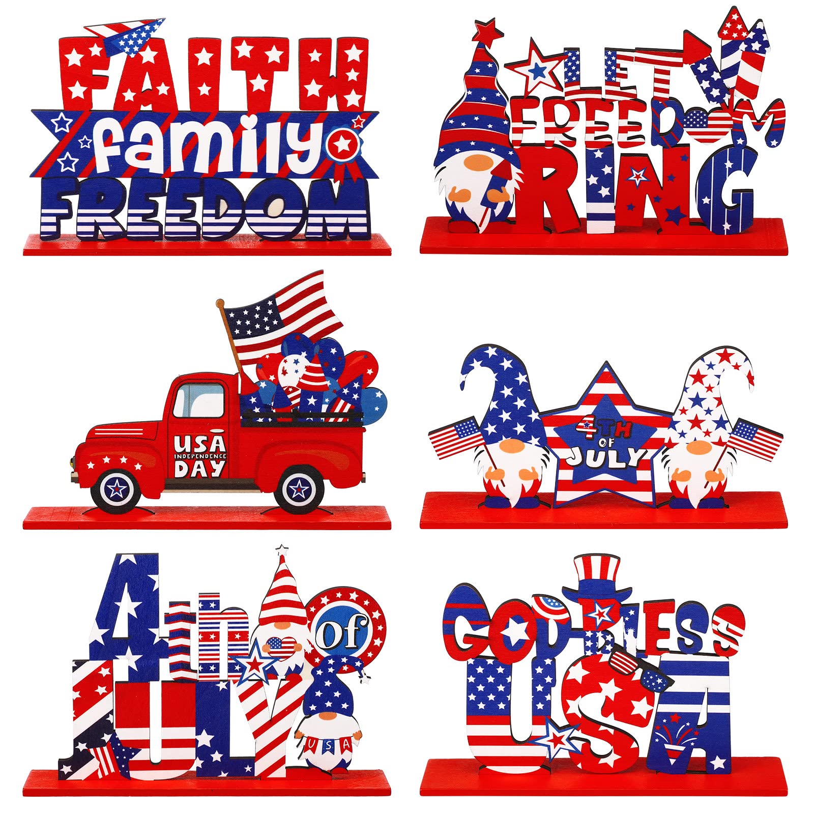 6 Pcs Patriotic Table Decoration Signs 4th of July Wooden Table Centerpiece Independence Day Letter Patriotic Decorations God Bless America Table Decoration for Memorial Day Home Decor