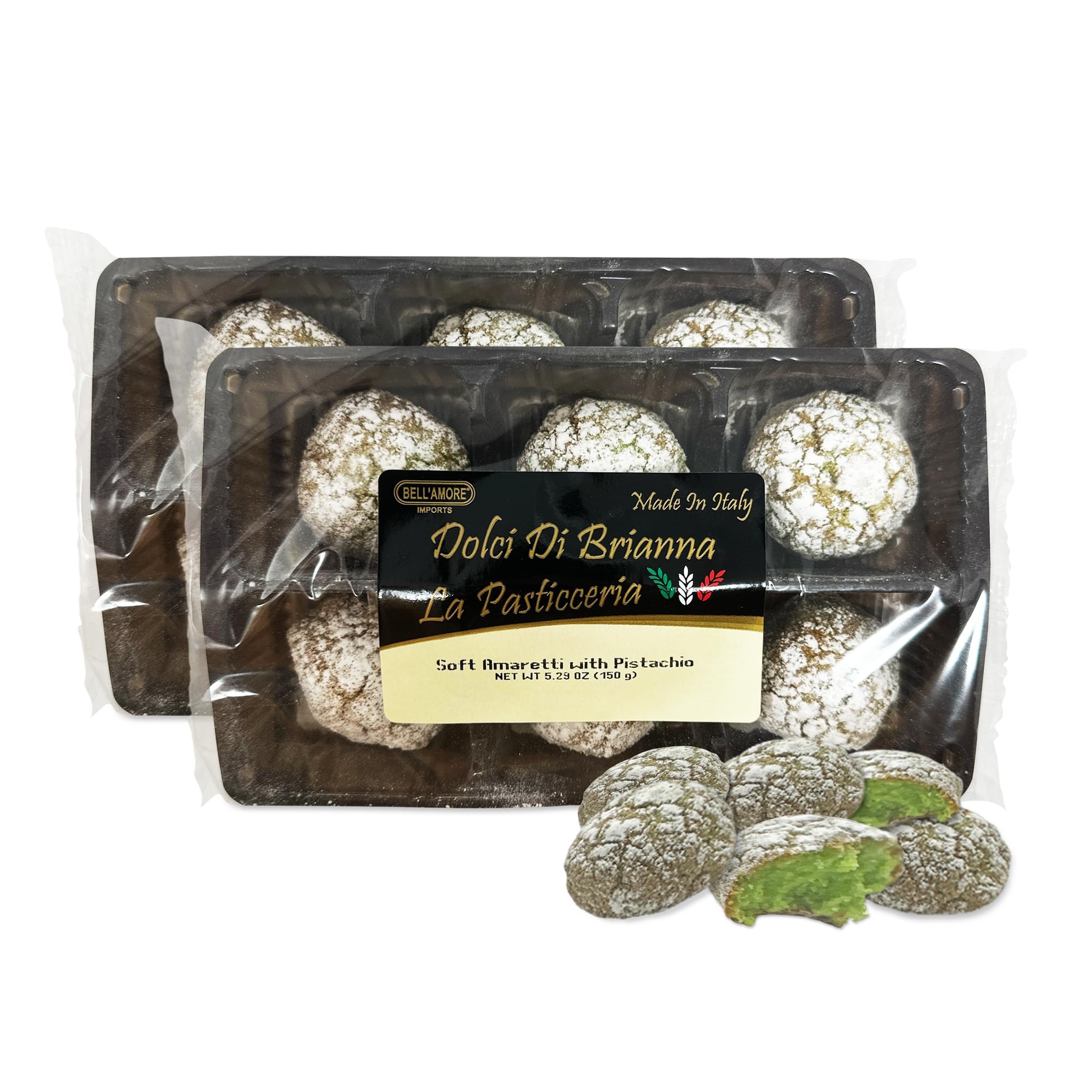 Italian Amaretti Cookies with Pistachio - Pack of 2-150g per Tray (12 Pieces Total) - Authentic Italian Pastry Made in Italy - Doci Di Brianna