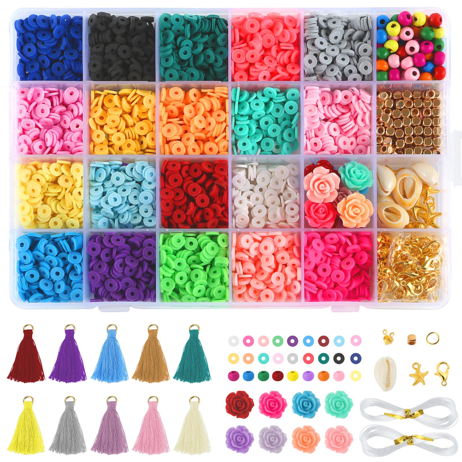 LIHAO 3800 Flat Round Polymer Clay Spacer Beads Kit for DIY Jewellery Necklace Bracelet (6 x 1 mm, Hole: 2 mm)