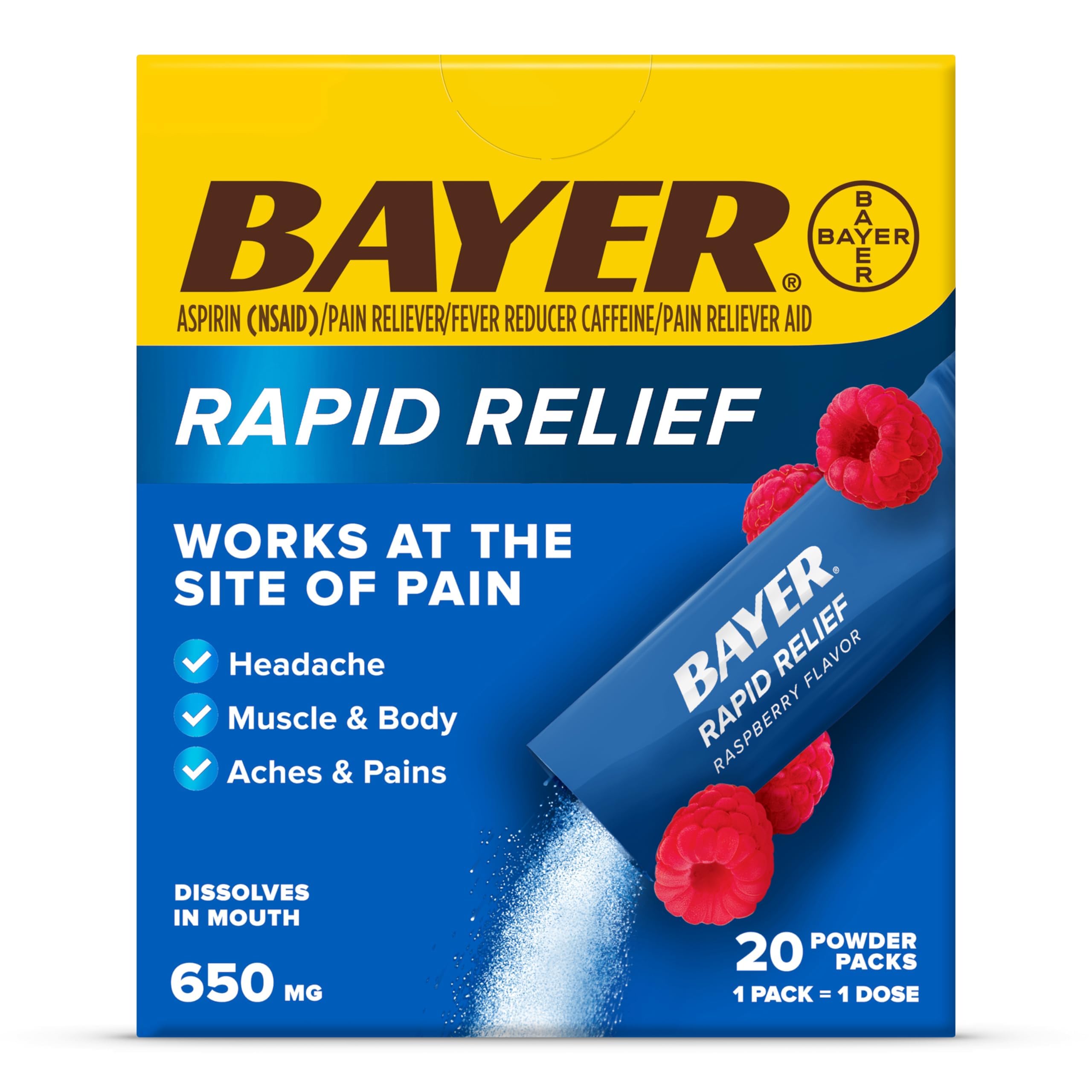 Bayer New Rapid Dissolvable Raspberry Flavor Powder Packs with Aspirin & Caffeine for Fast Acting Headache, Muscle and Body Pain Relief