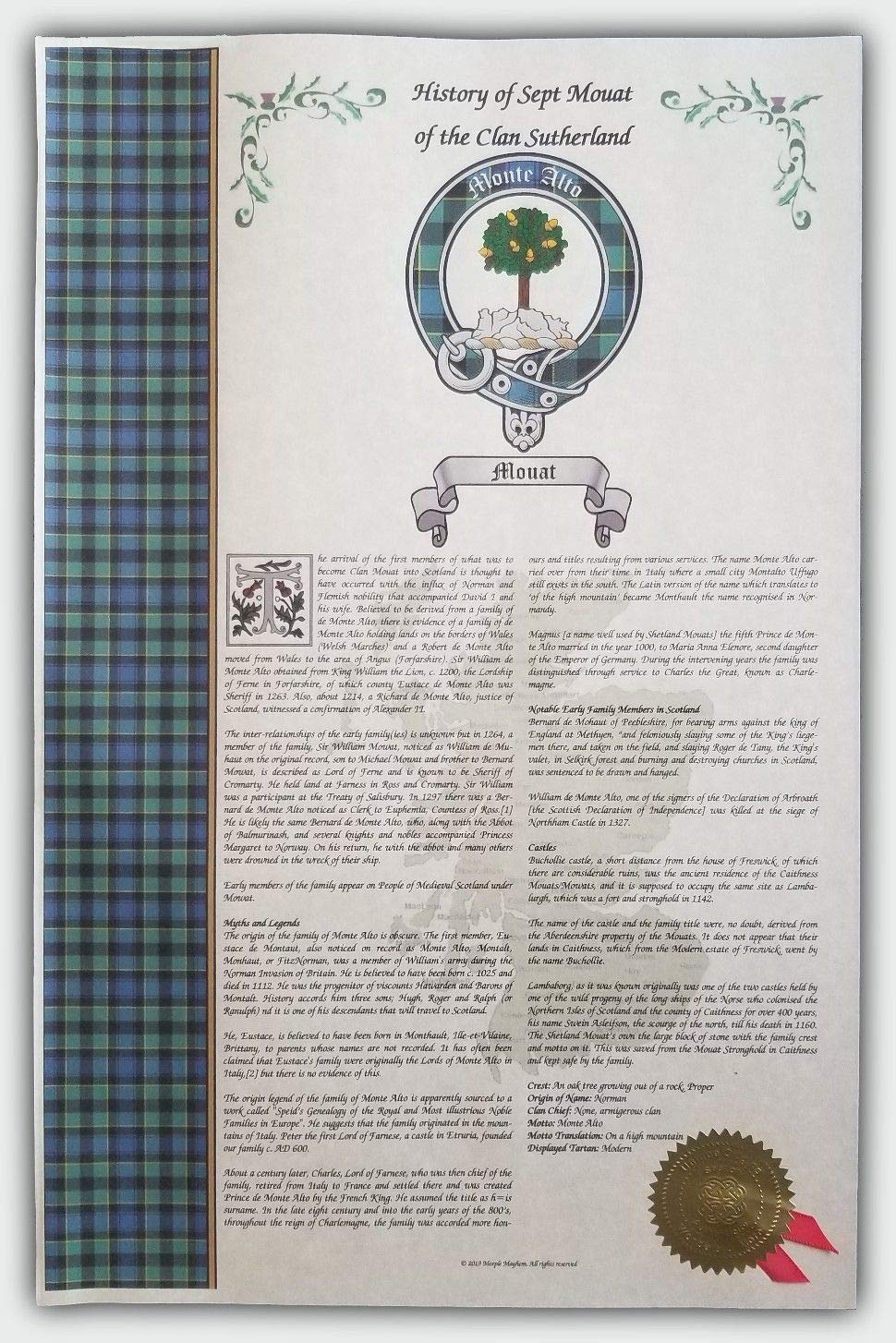 Mr Sweets Dony Scottish Clan & Sept 11x17 History Print - Tartan, Buckle, Crest, Last Name Surname Meaning, Genealogy, Family Tree Research Aid, Roots, Ancestry, Ancestors and Namesakes