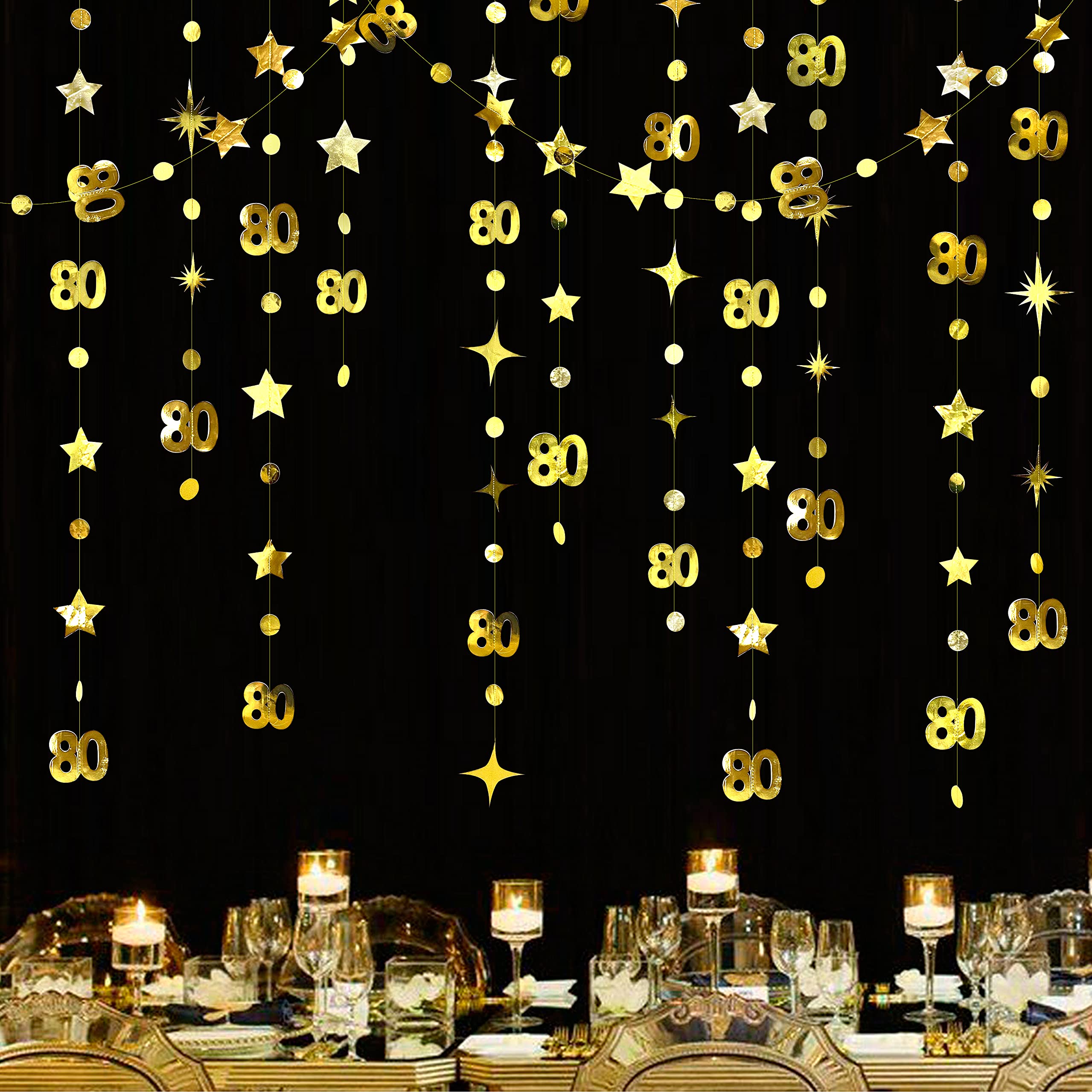 Gold 80th Birthday Decorations Number 80 Circle Dot Twinkle Star Garland Metallic Hanging Streamer Bunting Banner Backdrop for Women Mens Cheers to 80 Years Old Birthday Anniversary Party Supplies