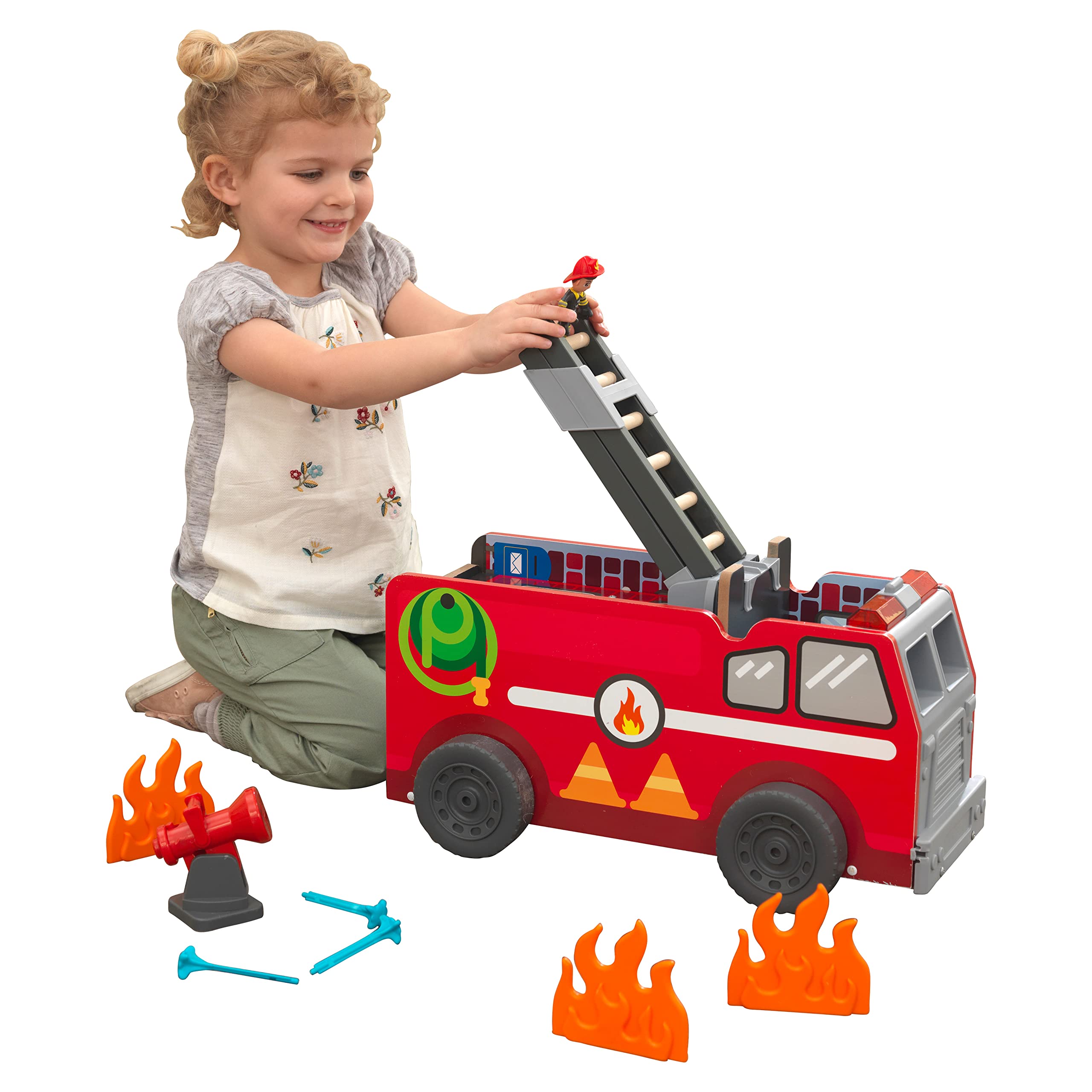 KidKraft Adventure Bound™: Wooden 2-in-1 Transforming Fire Truck Play Set with 17 Pieces and Lights and Sounds, Gift for Ages 3+, Amazon Exclusive