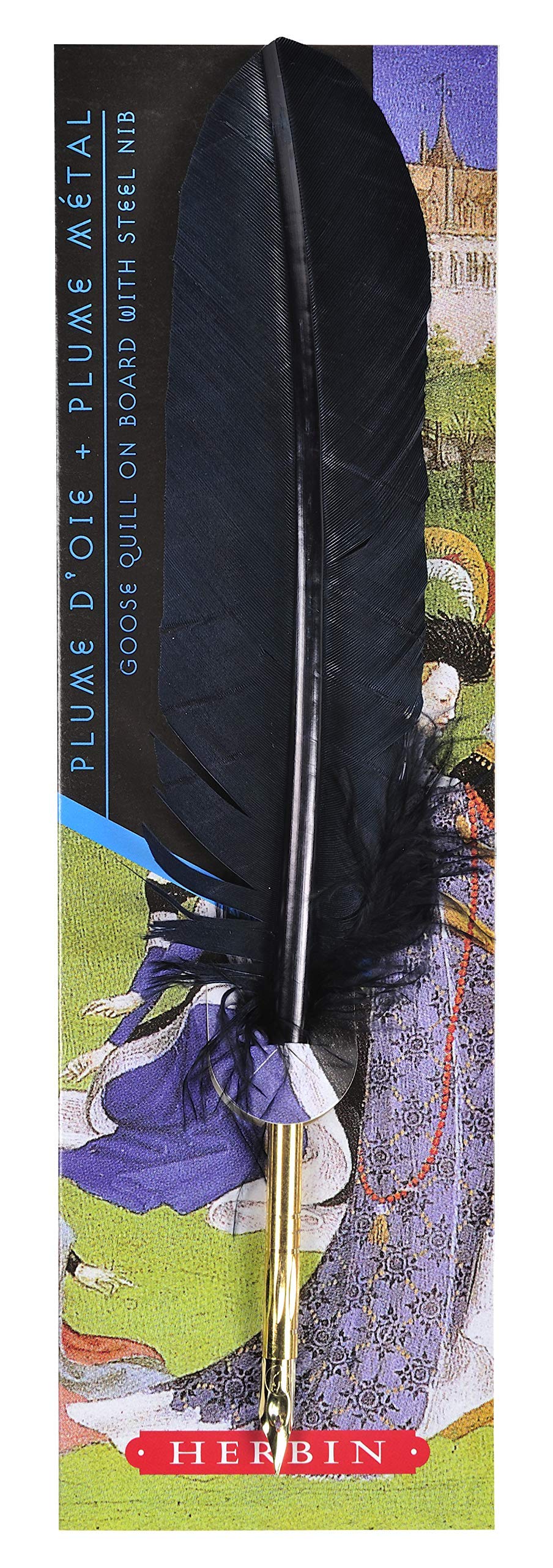 Jacques Herbin - Ref 23210ST - Goose Feather with Steel Tip & Nib - Marine/Navy - 21cm Long, Suitable for Use With Fountain Pen Ink, 46 Cito Fine Steel Tip