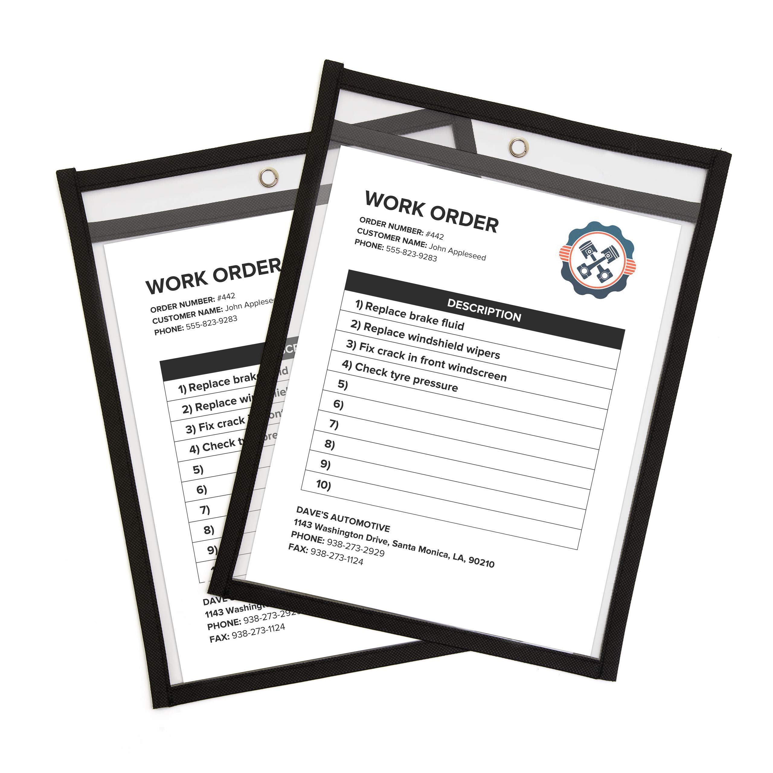 Job Ticket Holders 9x12 (30 Pack) - Dry Erase Document Holder - Shop Holder - Order Clear Black Sleeves - 8.5 x 11 Tickets - Plastic Heavy Duty Work Pocket - Hanging Sheet Protectors - Plastic Sleeves