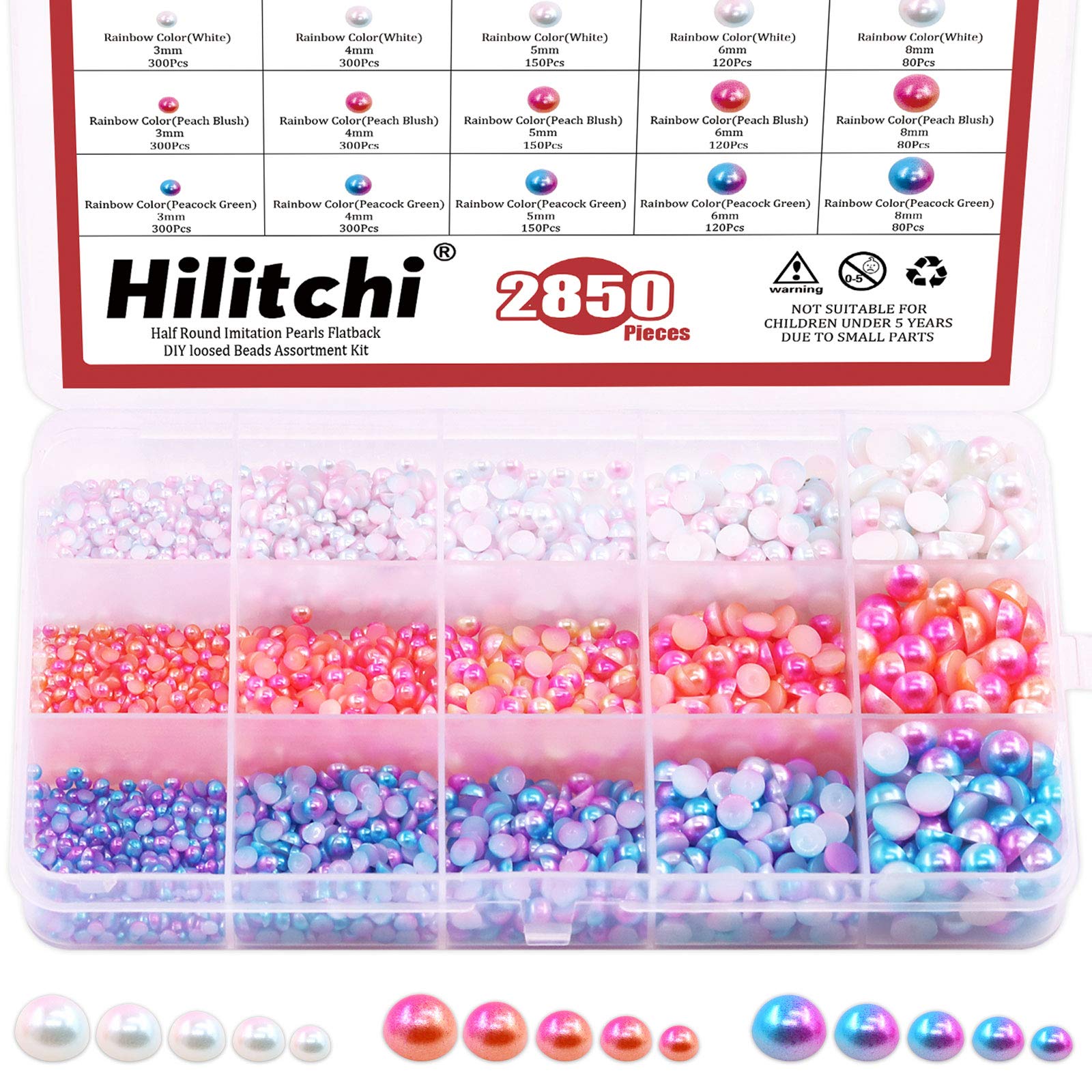 Hilitchi 2850Pcs 3mm-8mm Flat Back Half Round Artificial Pearl Beads for Jewelry Making Embellishment and DIY Crafting Rainbow Color Beads