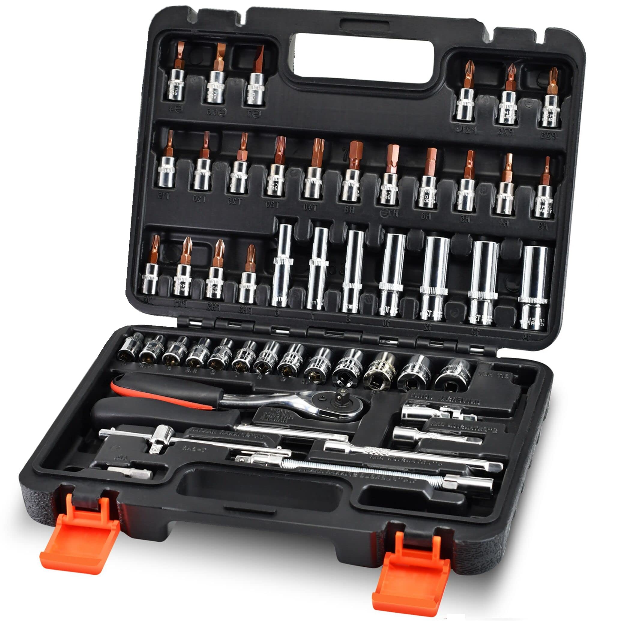 53-Piece 1/4" Socket Set,Driver Bits Metric Tool Set,72 Teeth Quick Release Ratchet Wrench Set with Flexible Extension Rods,S2 Screwdriver Bit,CRV Sockets/Deep Sockets,Tool for Car Bicycle Repair&DIY