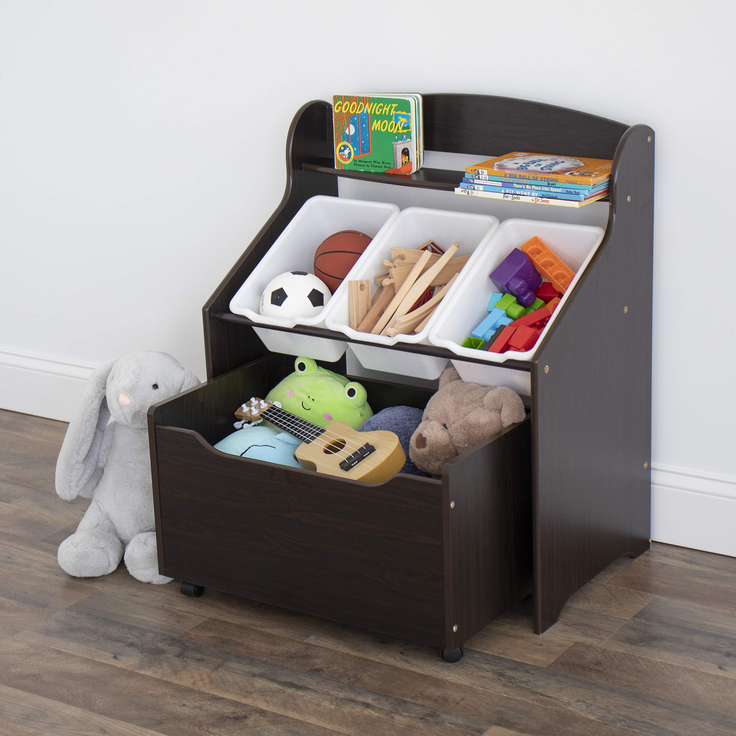 Humble Crew Toddler-Size Storage Unit with Rolling Toy Box, Espresso & White