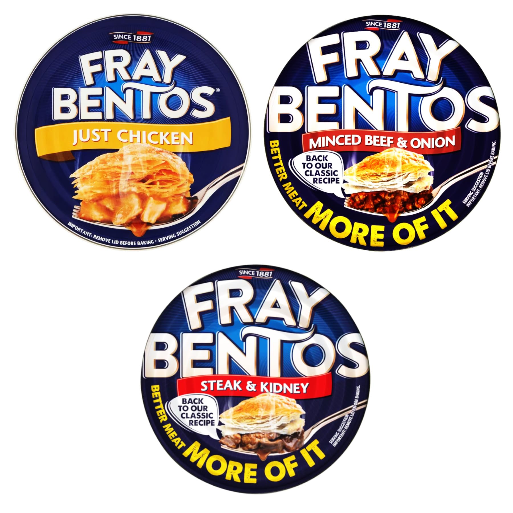 Classic Easy Bake Pie 3 Pack Variety Bundle - with Fray Bentos Chicken, Mince Beef & Onion and Steak & Kidney (3 x 425g) - Tender Meat, Gravy and Puff Pastry