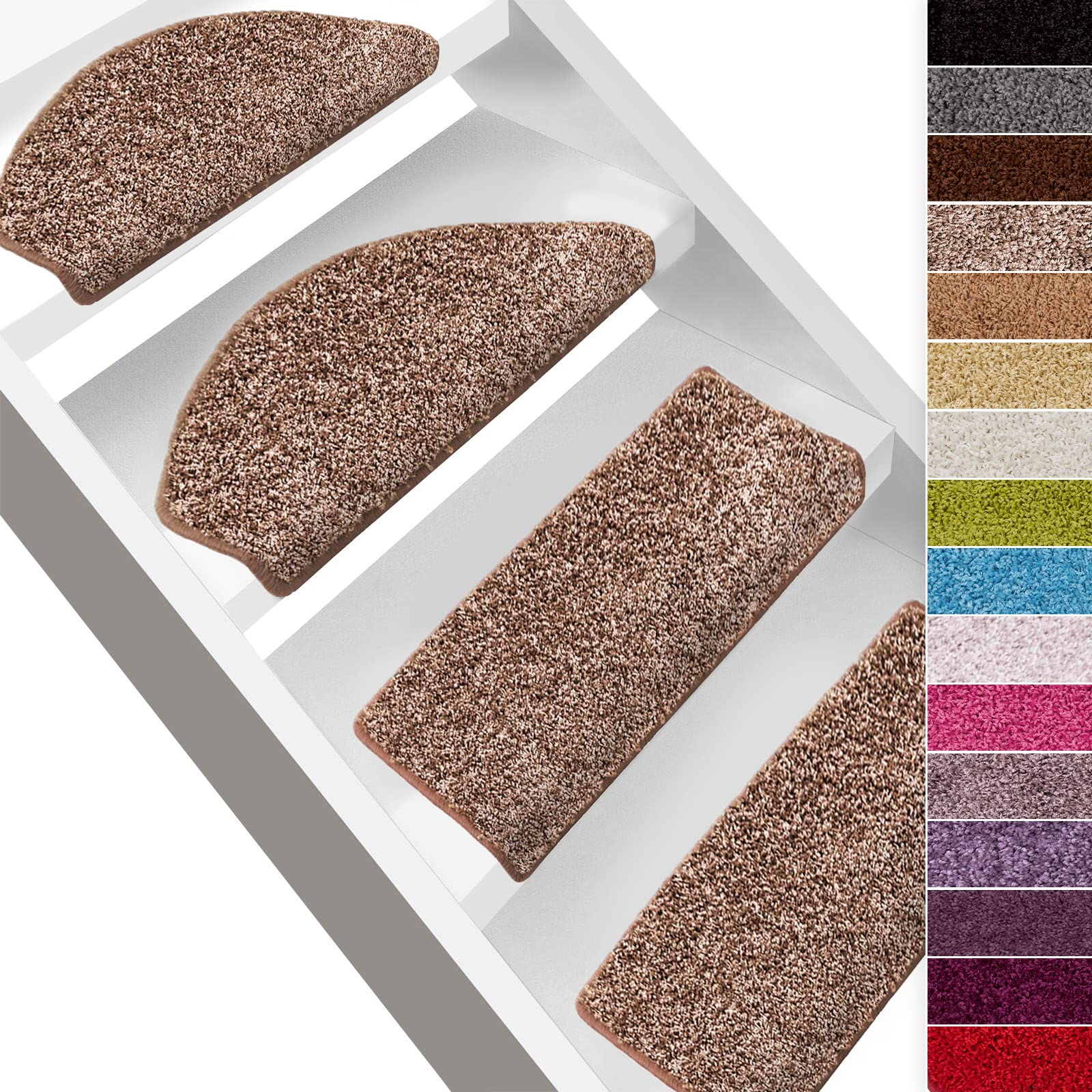 casa pura Shaggy Barcelona Stair Mats Protection for Stair Steps Soft High Pile GUT Seal and Blue Angel Semicircular Sold Individually or as a Set, Stufenmatte Halbrund - 1 Stück beige-brown