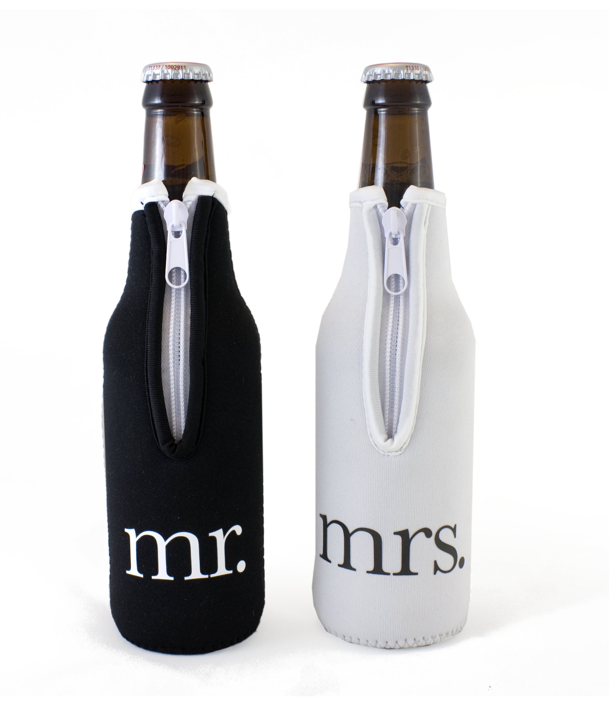 Bridal Shower Gift Mr and Mrs Wedding Beer Bottle Coolies - (Black and White) Set of 2