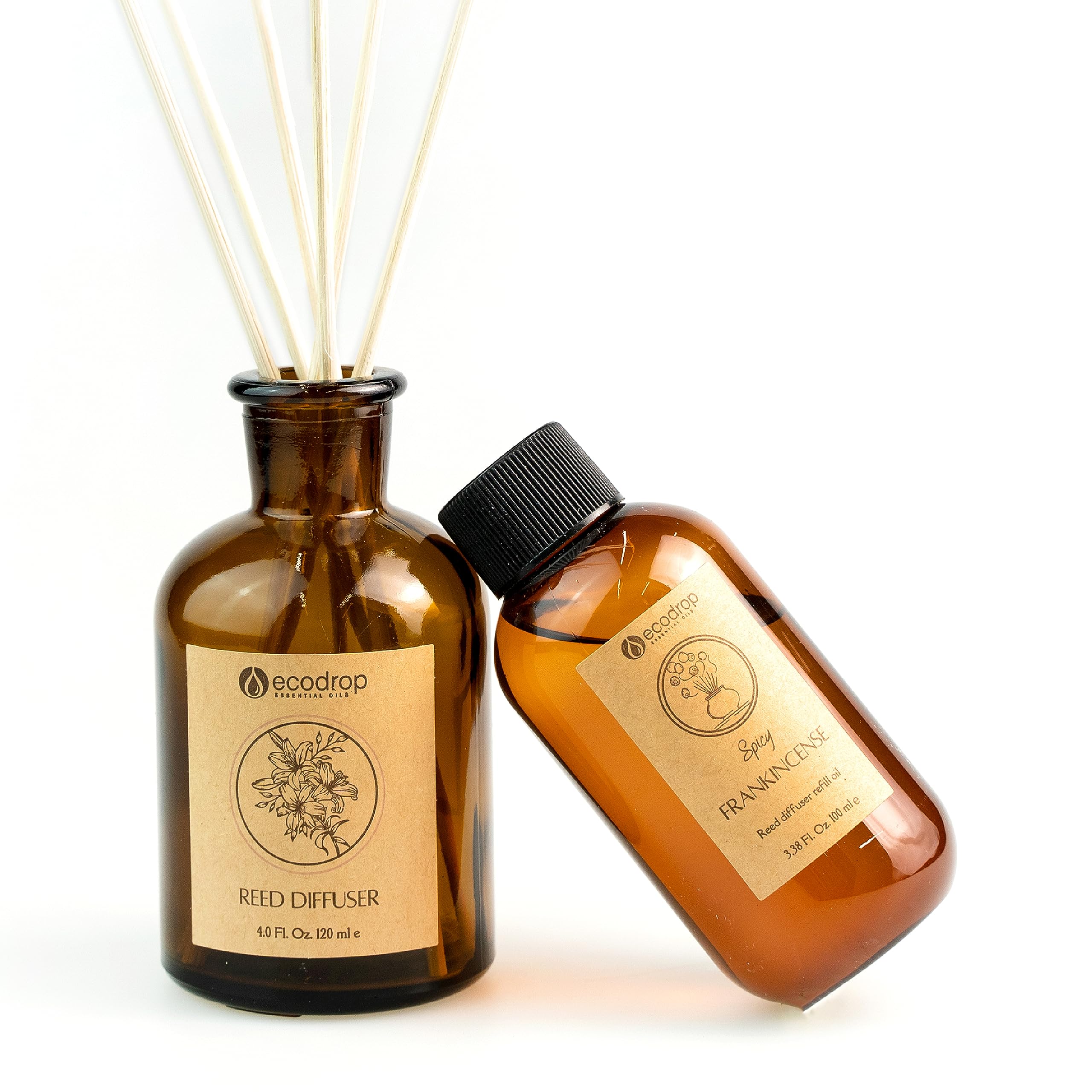 Ecodrop Frankincense Reed Diffuser Set - 100ml | Relaxing Spice Scented Aromatherapy Fragrance Oil, a Glass Bottle & 6 Wooden Reed Sticks | Office & Home Spa Gift for Kitchen, Bedroom & Living Room