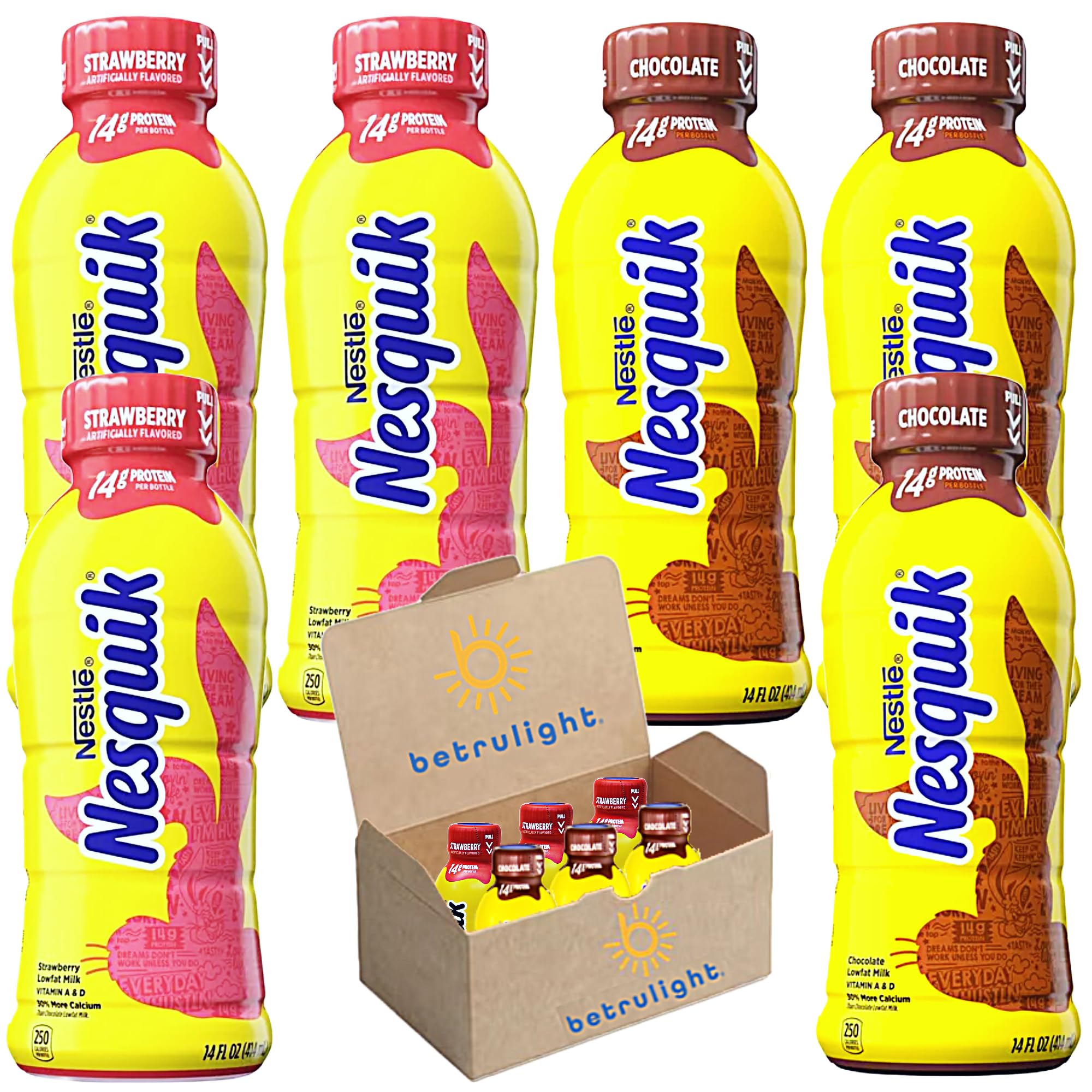 Protein Drinks, Nesquik Chocolate & Strawberry Low fat Milk Ready-to-drink Delicious Goodness in 14 fl. oz. Bottle | Pack of 6 | Every Order is Elegantly Packaged in a Signature BETRULIGHT Branded Box