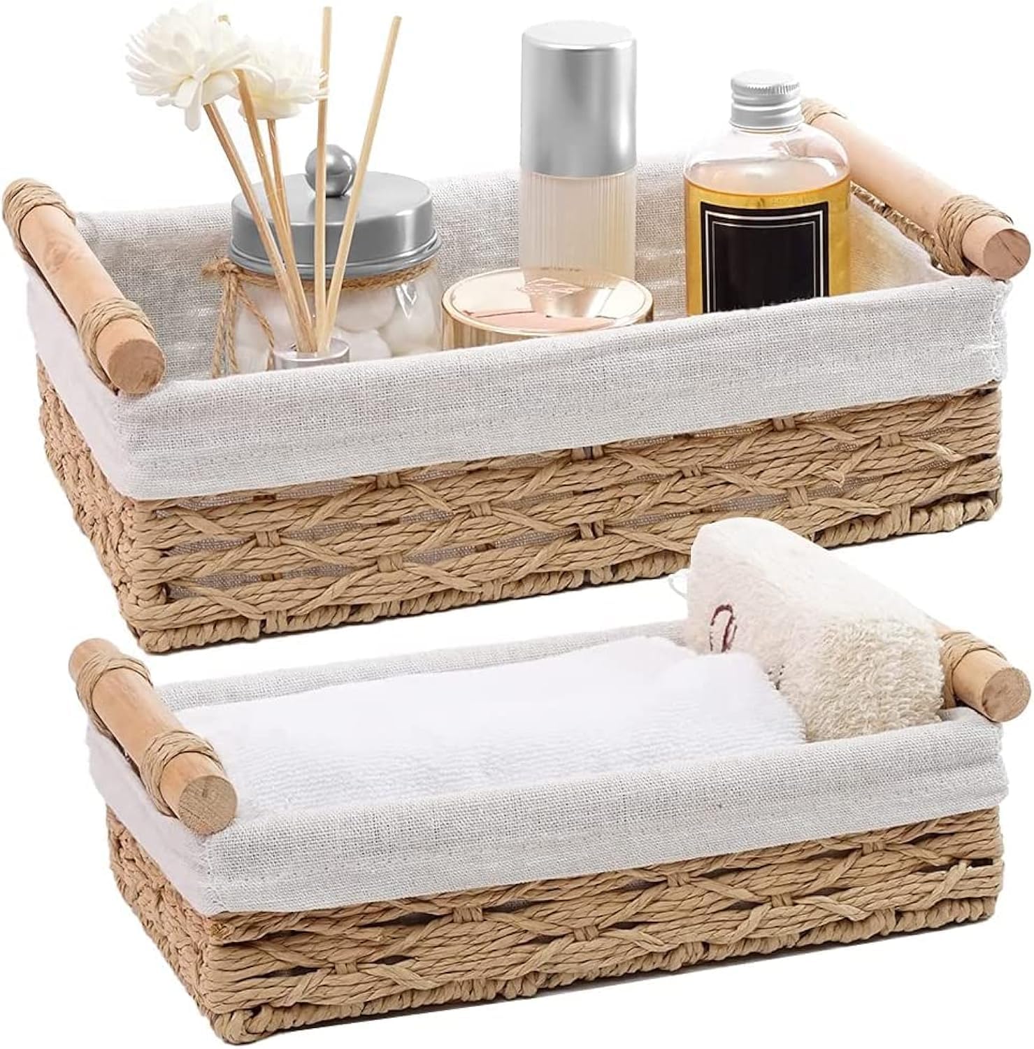 BOBBYQ Round Paper Rope Storage Basket Wicker Baskets for Organizing with Handle Decorative Storage Bins for Countertop Toilet Paper Basket for Toilet Tank Top Small Baskets Set (Set of 2,Beige)