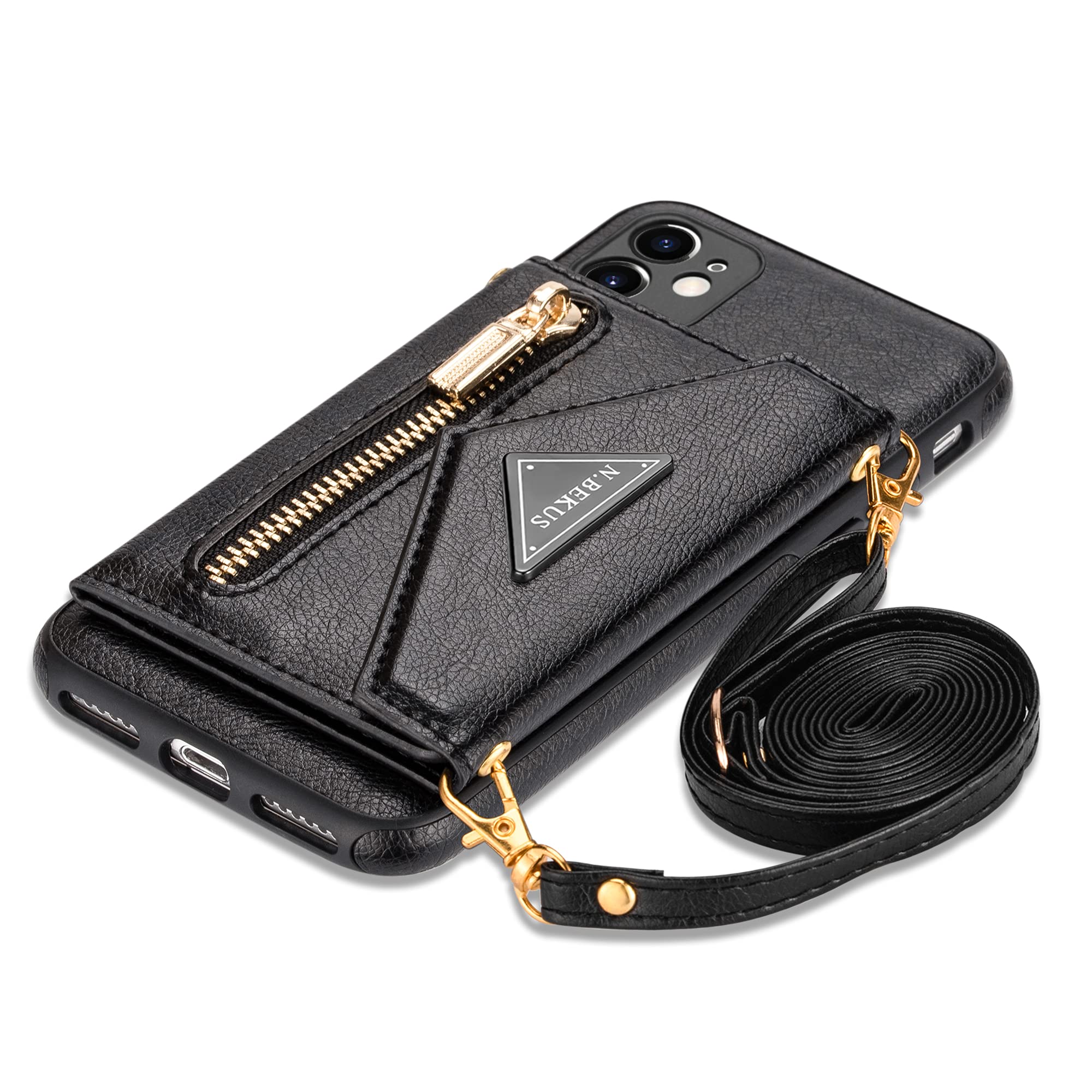 Wallet Crossbody for iPhone 11 Phone Case with Lanyard Strap Credit Card Holder, PU Leather Protective Handbag Zipper Purse Kickstand Cover Women Girl (Black)