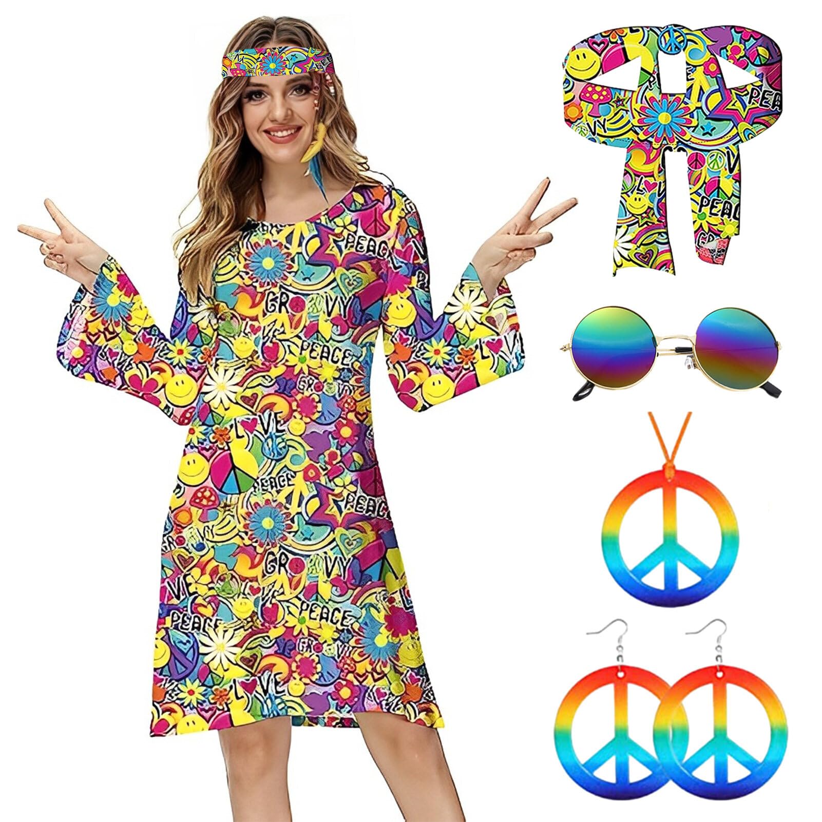 Amycute60s 70s Fancy Dress Women Disco Outfit Hippie Costume, Adult Ladies 60s 70s Party Costume 1970 Style Clothes 70s Accessories Hippie Dress Up