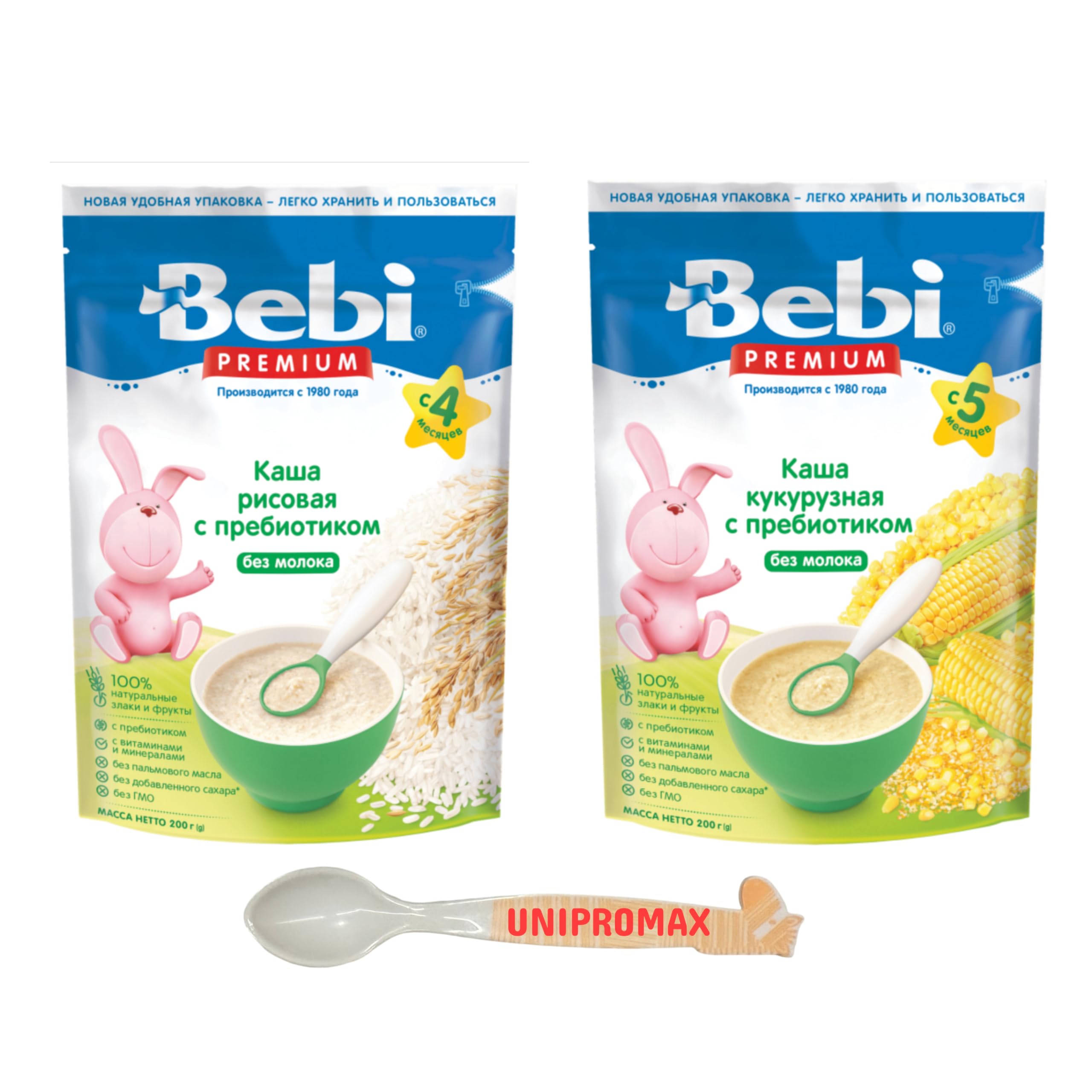 Unipromax Bebi Premium Dairy-Free Baby Cereal with Prebiotics - Rice (4+ Months) and Corn (5+ Months) - 200g and a spoon for feeding the baby, детская каша.