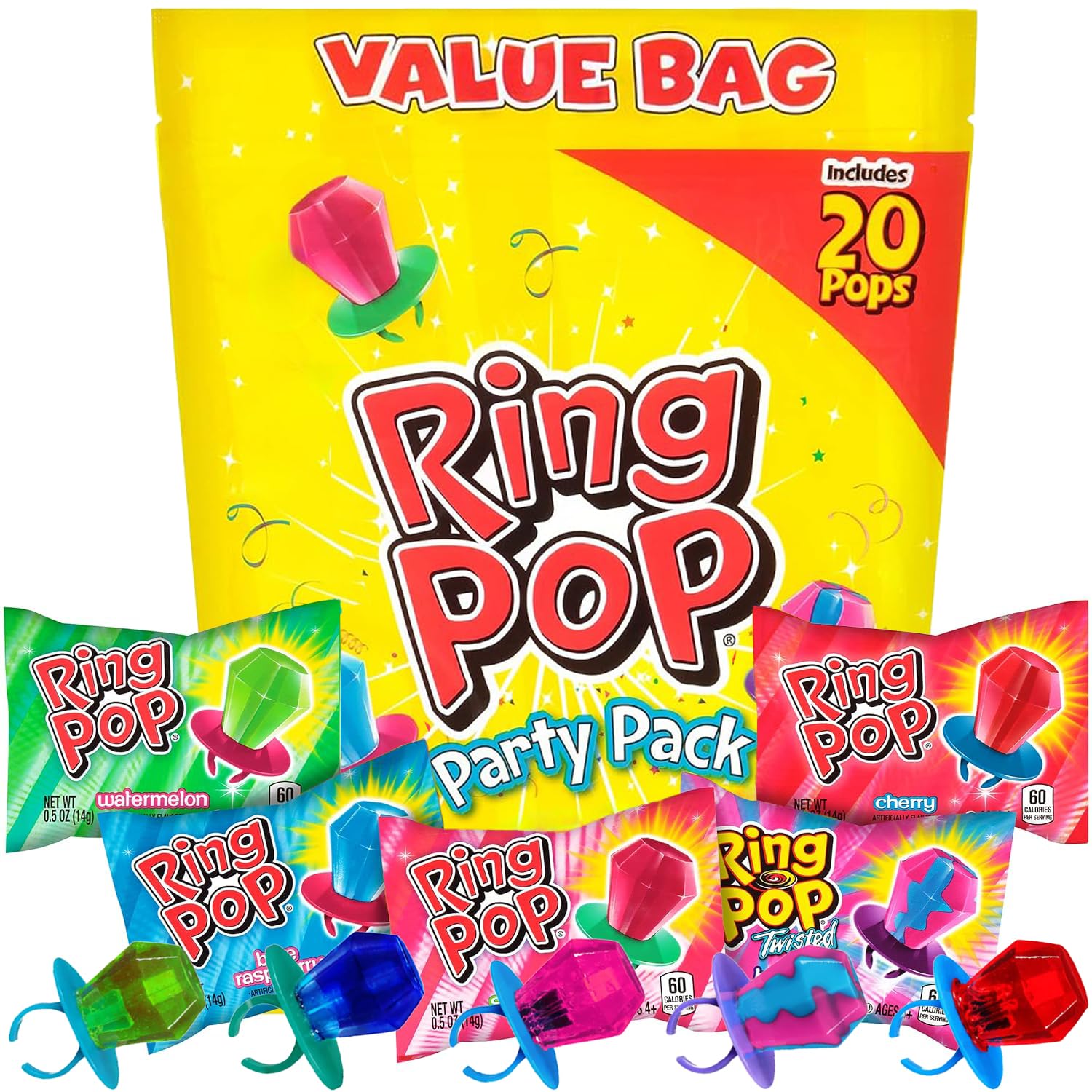 Ring Pop Candy Lollipops - Individually Wrapped Bulk Lollipop Variety Party Pack – 20 Count Suckers w/ Assorted Flavors - Fun Candy for Kids - Hard Candy for Party Favors, Birthdays & Goodie Bags