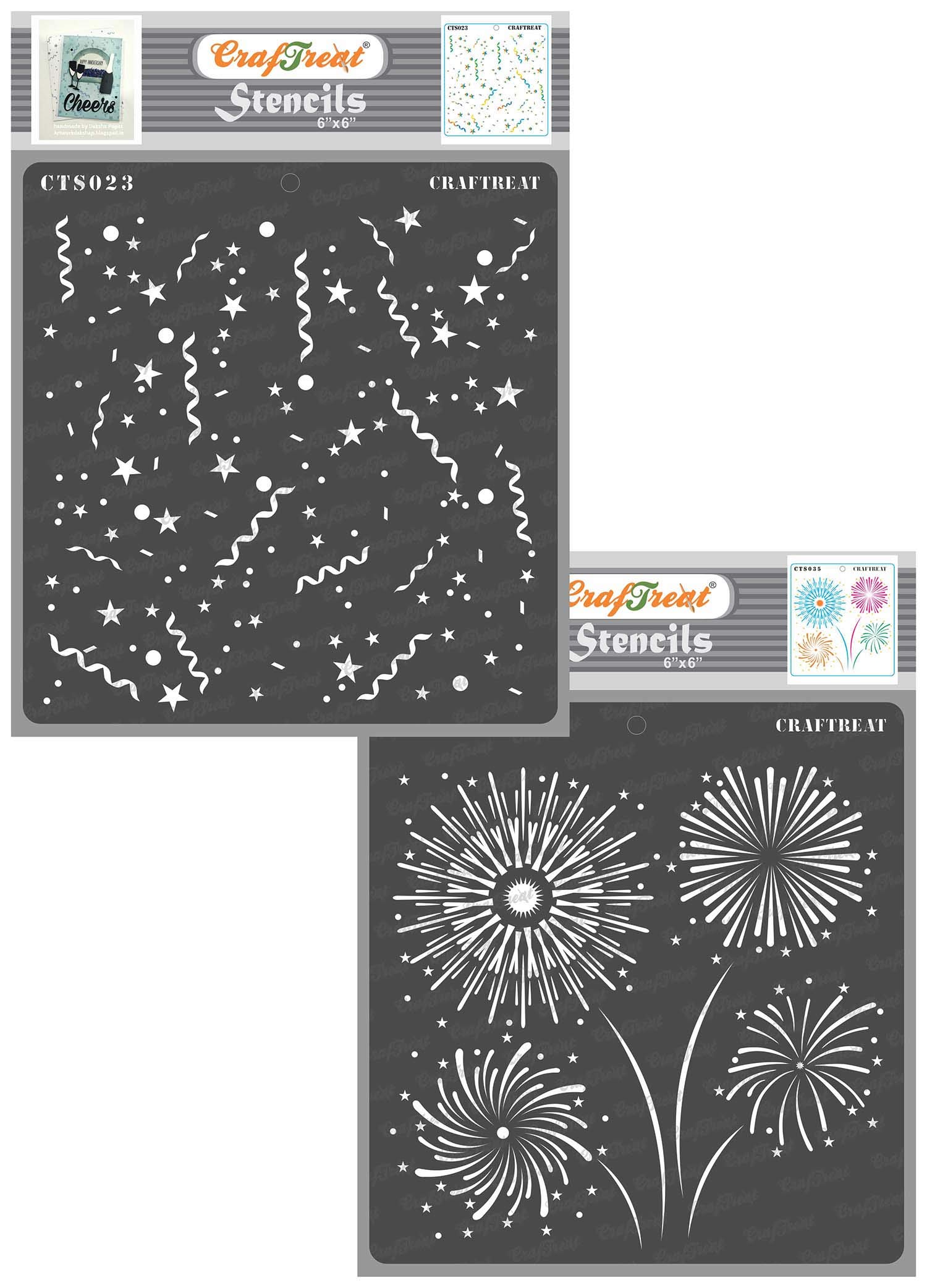 CrafTreat Fireworks Stencil for Craft and Art - Confetti and Fire Works (2Pcs) - Size:6X6 Inches - Party Stencils for Craft - Flower Stencil for Fabric - Design Flower Painting Stencil