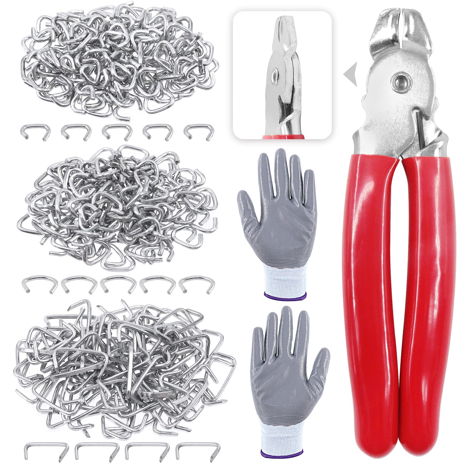 Glarks 242Pcs Hog Ring Pliers with Hog Rings Kit, 240Pcs 1/2'' 3/4'' 3/8'' Steel Hog Rings with Hog Ring Pliers and Anti-Cutting Gloves for Upholstery, Fencing, DIY Craft, Furniture and More