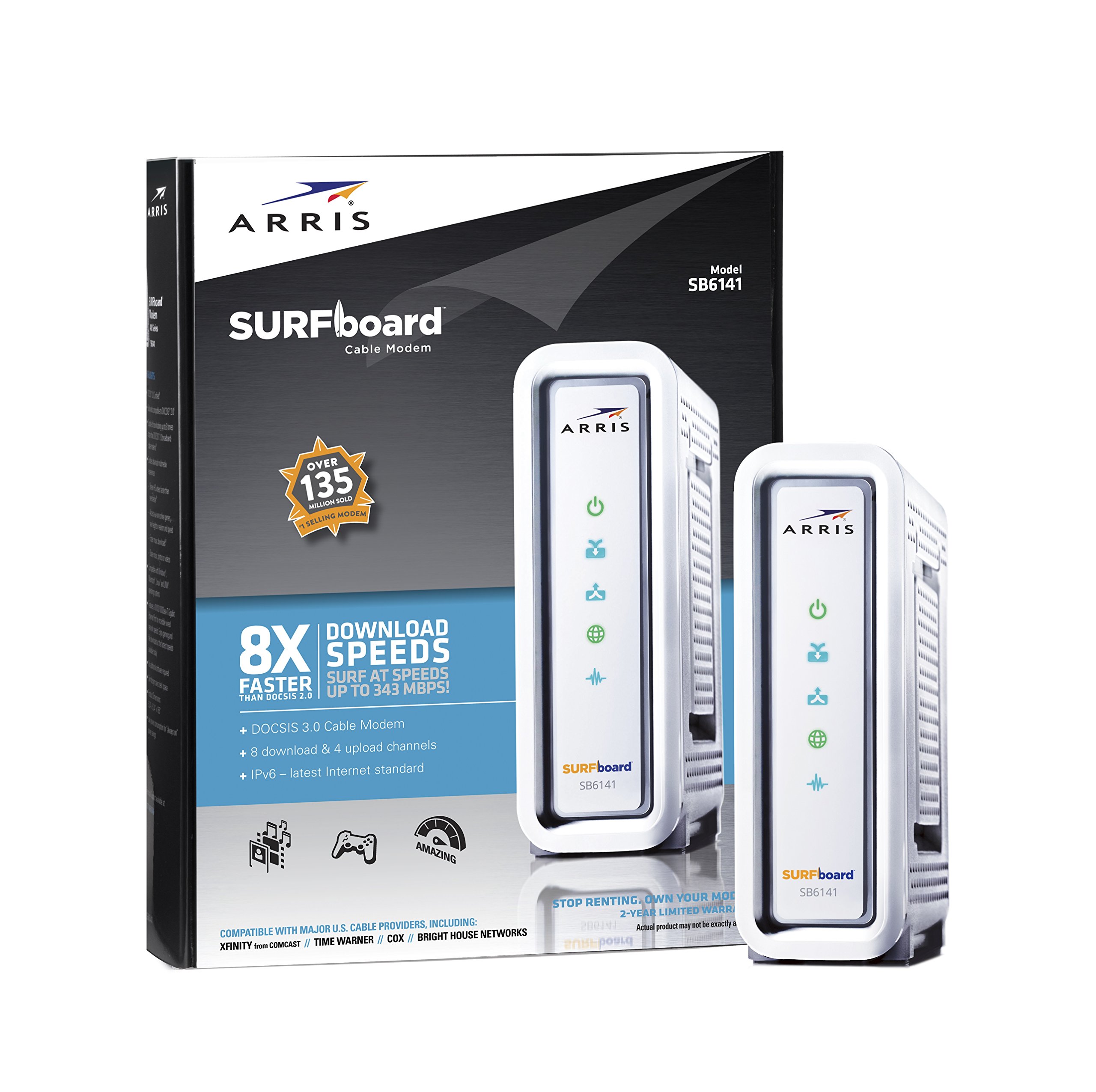 ARRISSURFboard SB6141 8x4 DOCSIS 3.0 Cable Modem - Retail Packaging- White