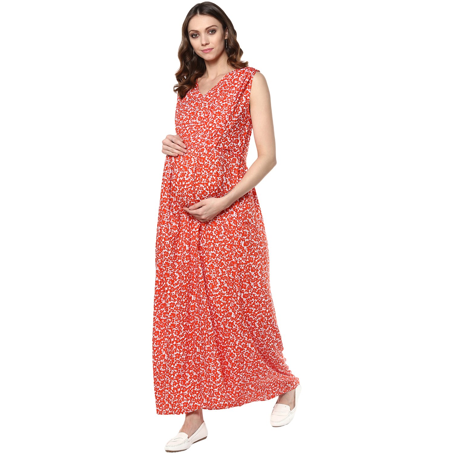 Women's Orange Floral Maxi Maternity Dress