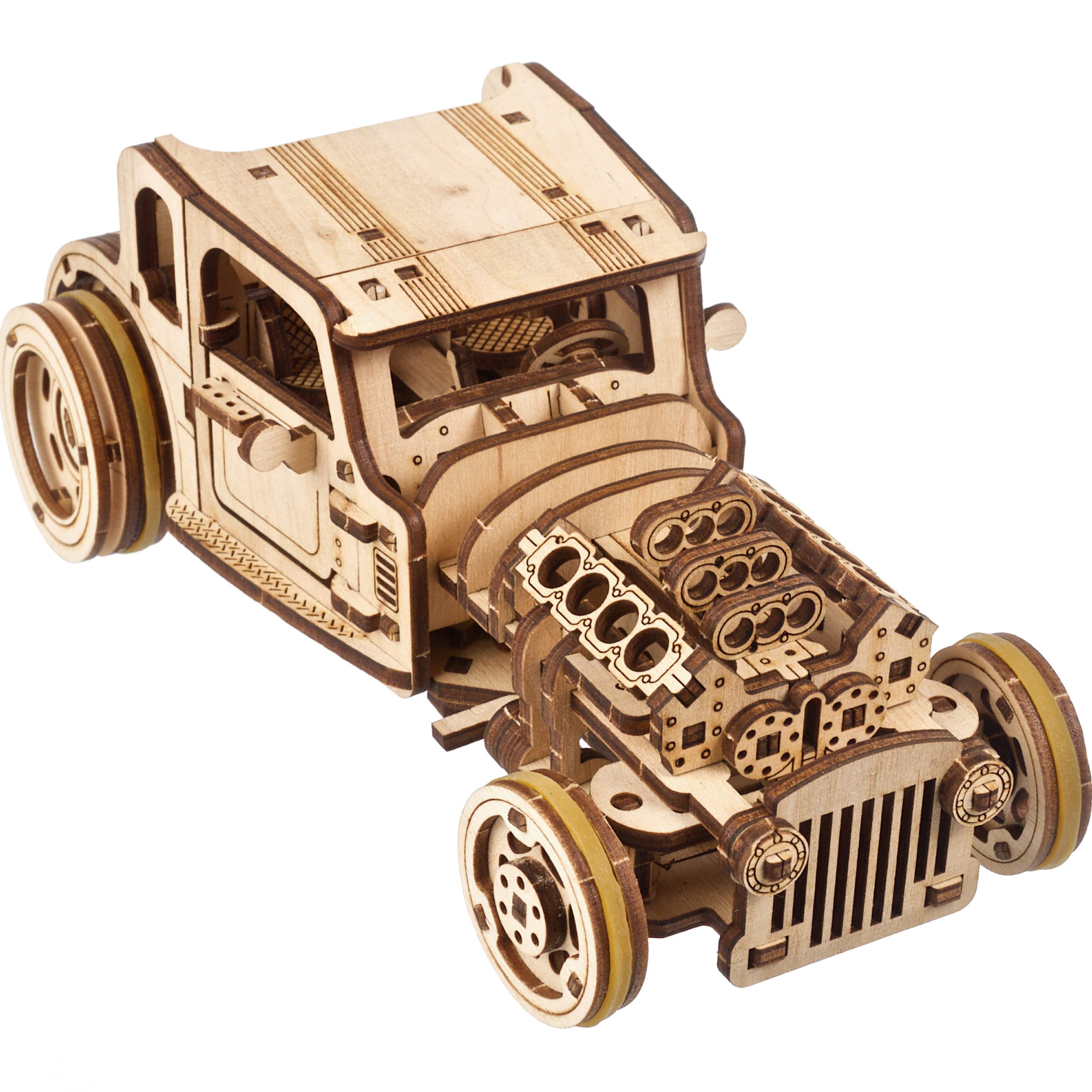 UGEARS 3D Car Model Puzzle - Hot Rod Furious Mouse with Innovative Dual Engines - 3D Wooden Puzzles for Adults and All Family- Realistic Scaling Hot Rod Model Car Kits to Build - 3D Puzzle Model Kits