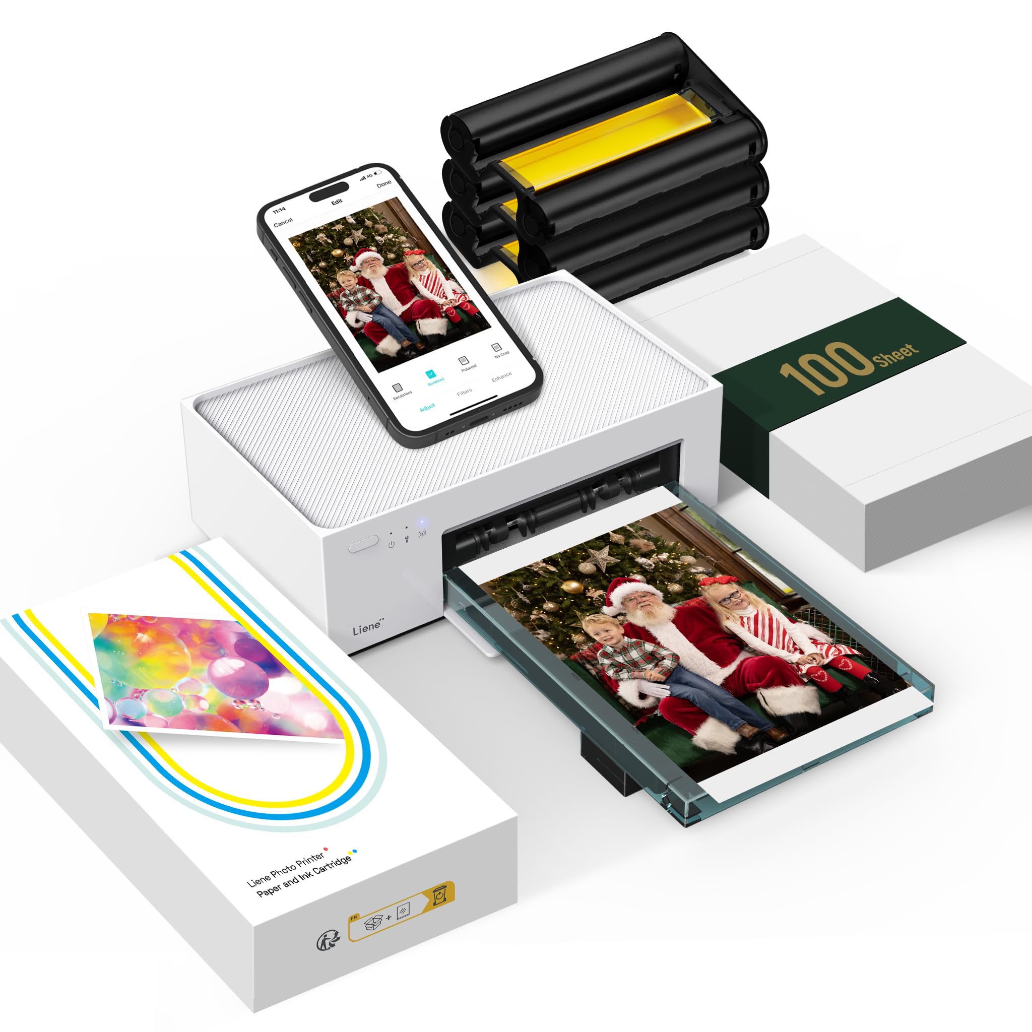 Liene 4x6'' Photo Printer, Phone Printer 100 Sheets & 3 Cartridges, Full-Color Photo, Portable Instant Photo Printer for iPhone Android, Thermal Dye Sublimation, Wi-Fi Picture Printer 100 Papers