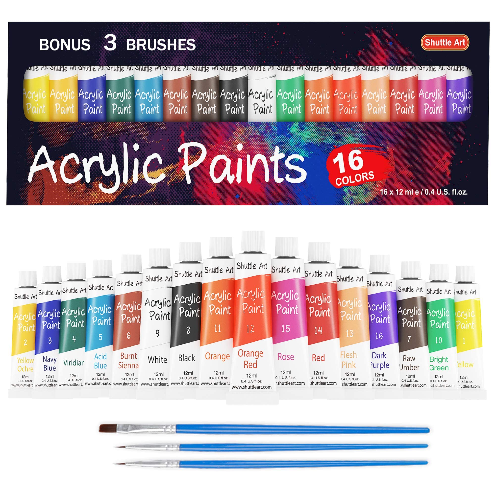 Acrylic Paint Set, Shuttle Art 16 x12ml Tubes Artist Quality Non Toxic Rich Pigments Colors Great for Kids Adults Professional Painting on Canvas Wood Clay Fabric Ceramic Crafts