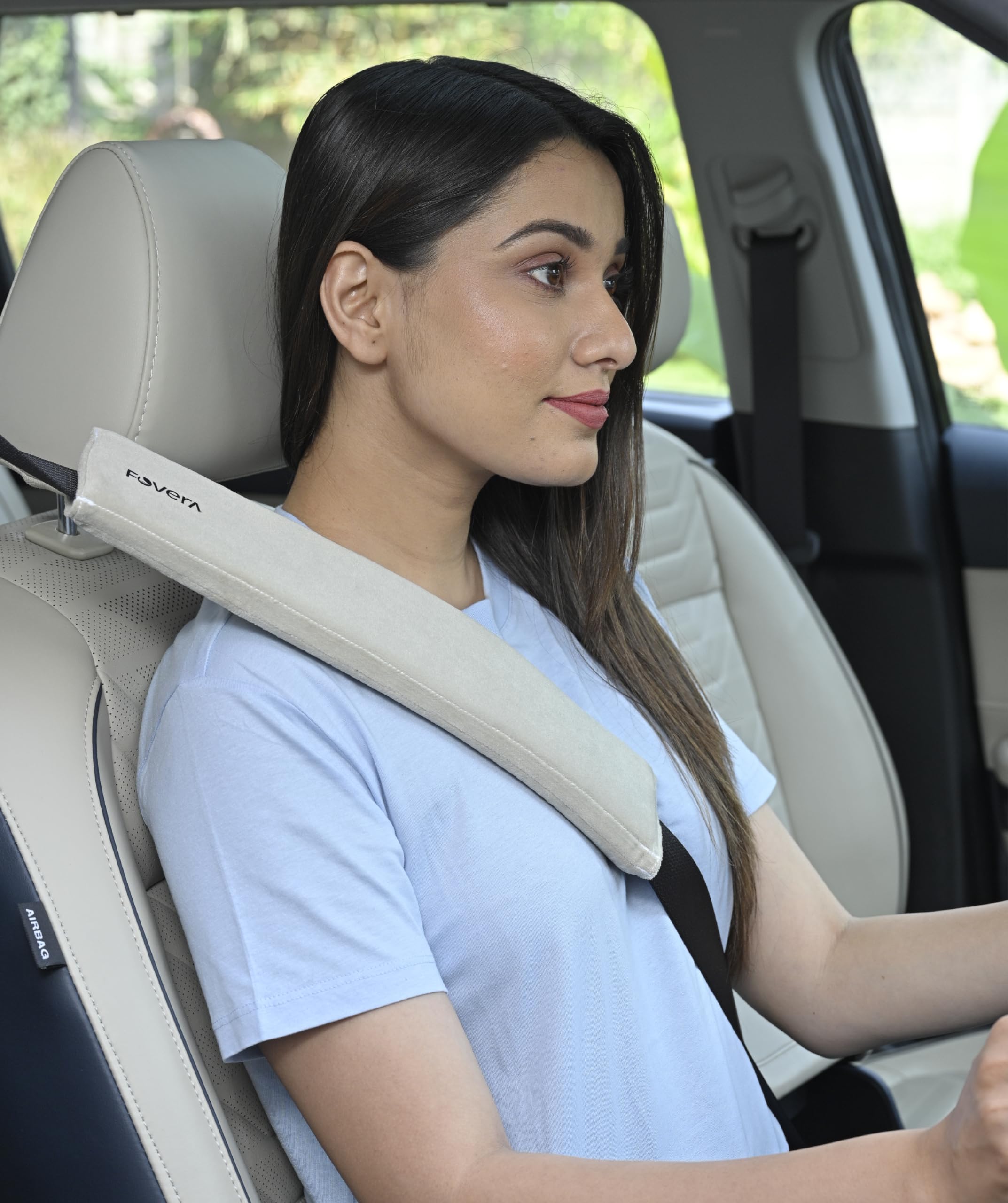 FOVERA Car Seat Belt Shoulder Pads (Pack of 2) Car Safety Belt Soft Pad Cover for Comfortable Driving, Universal Fit for All Cars and Backpack (Cream Color, 14 Inch Length)